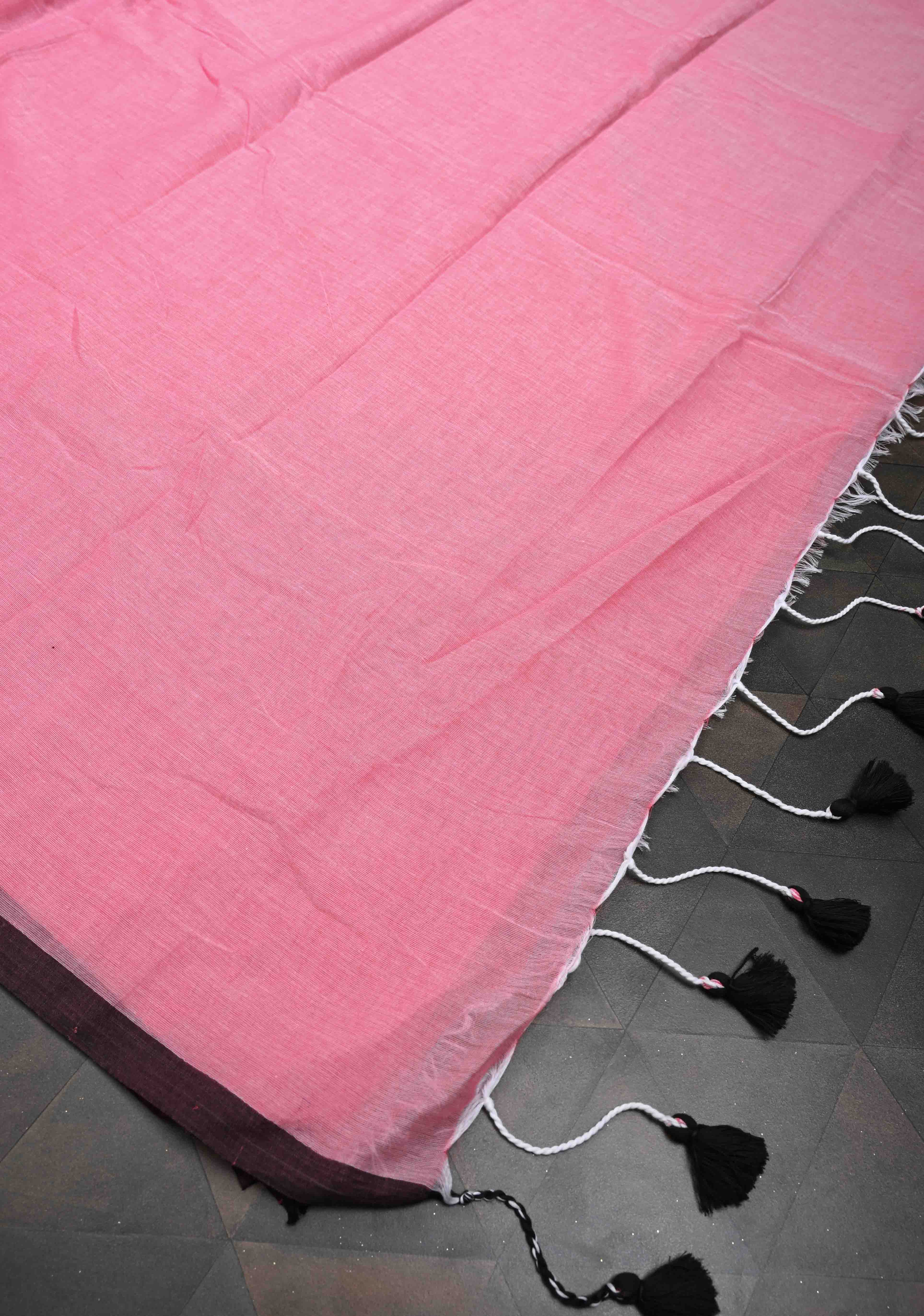 Pink Mulmul Cotton Saree with Long tassels, No Blouse Piece | Shobitam