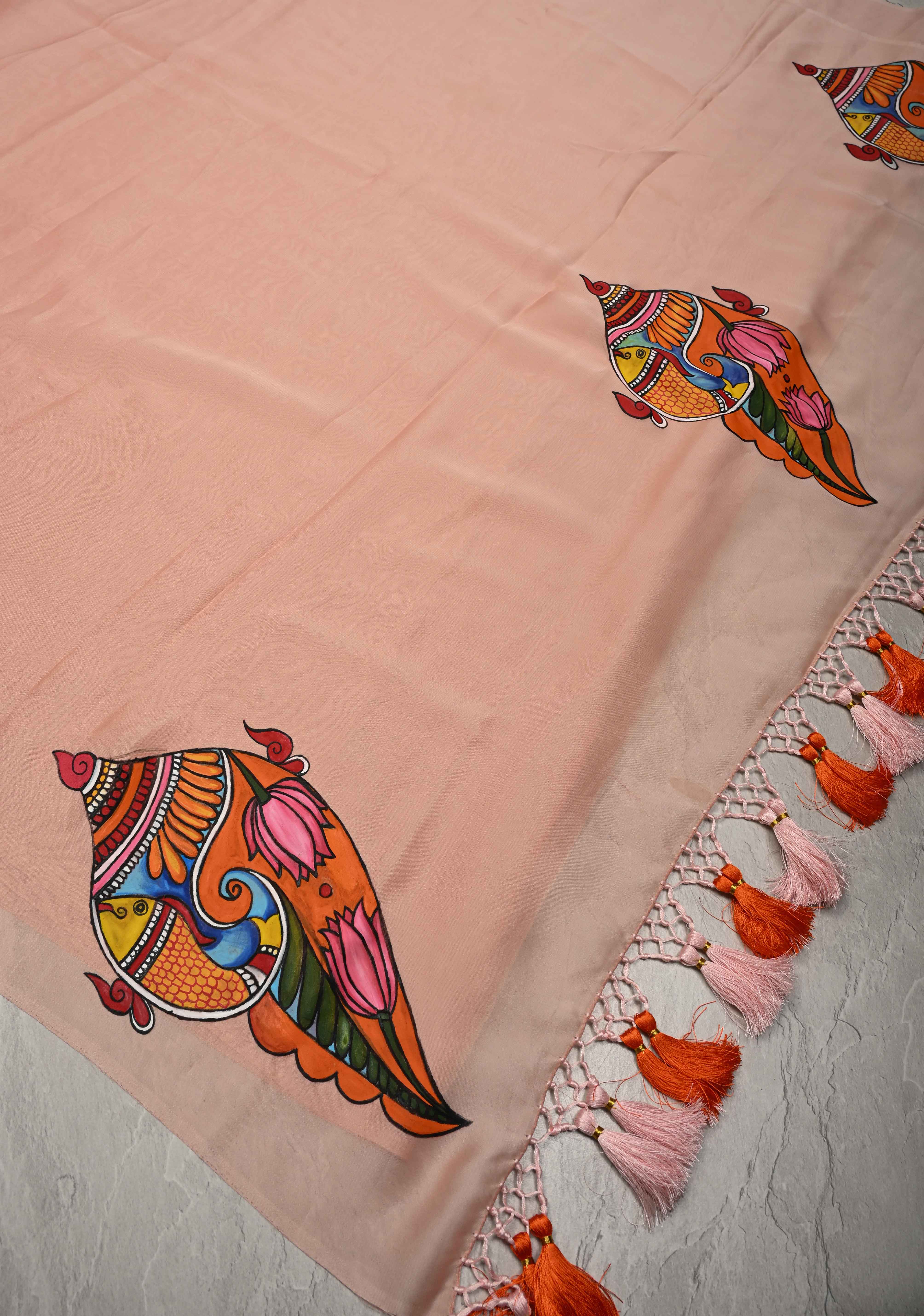 Blush Pink Chiffon Saree with Conch Shell Hand Painted , No Blouse Piece | Shobitam