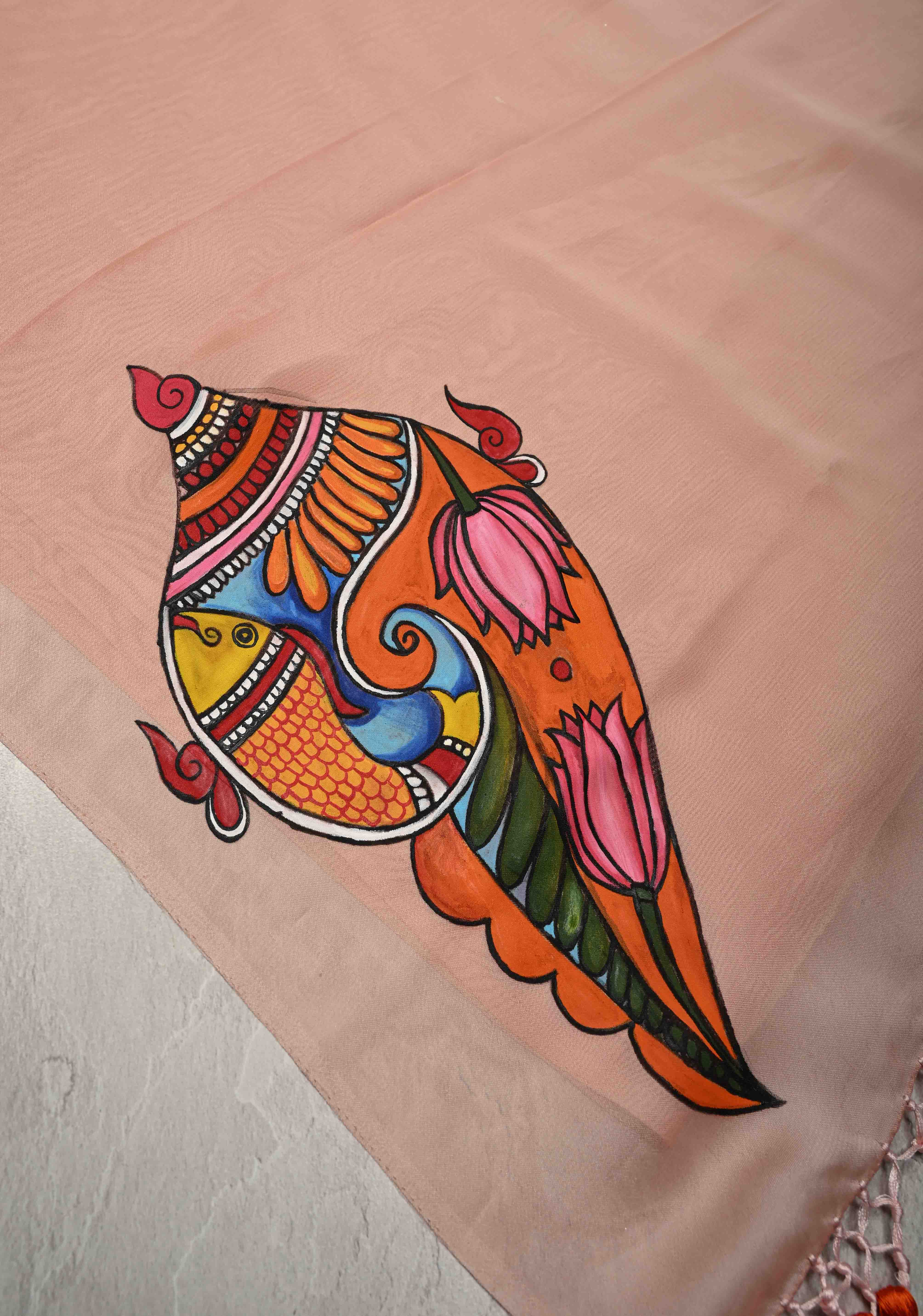 Blush Pink Chiffon Saree with Conch Shell Hand Painted , No Blouse Piece | Shobitam