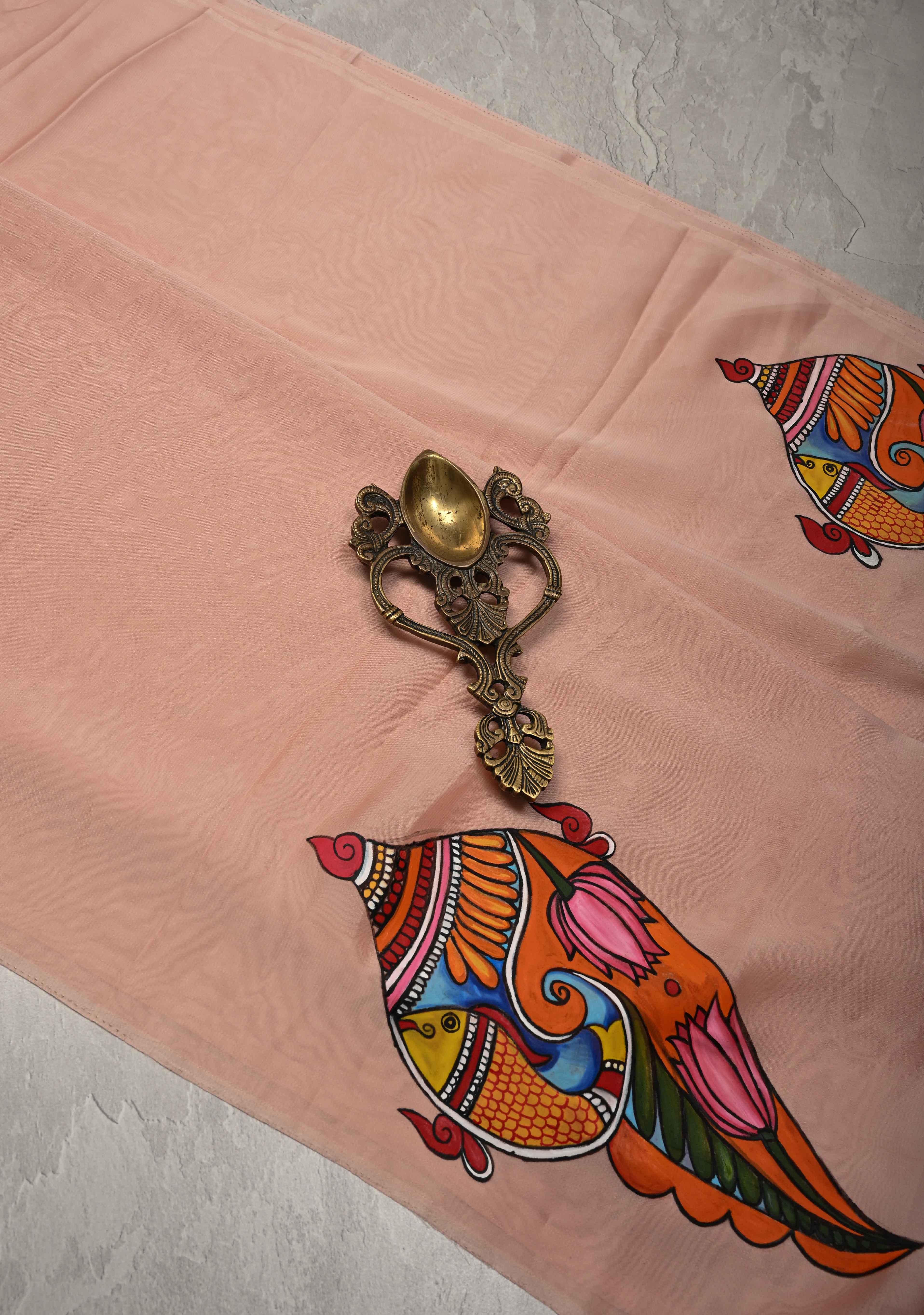 Blush Pink Chiffon Saree with Conch Shell Hand Painted , No Blouse Piece | Shobitam