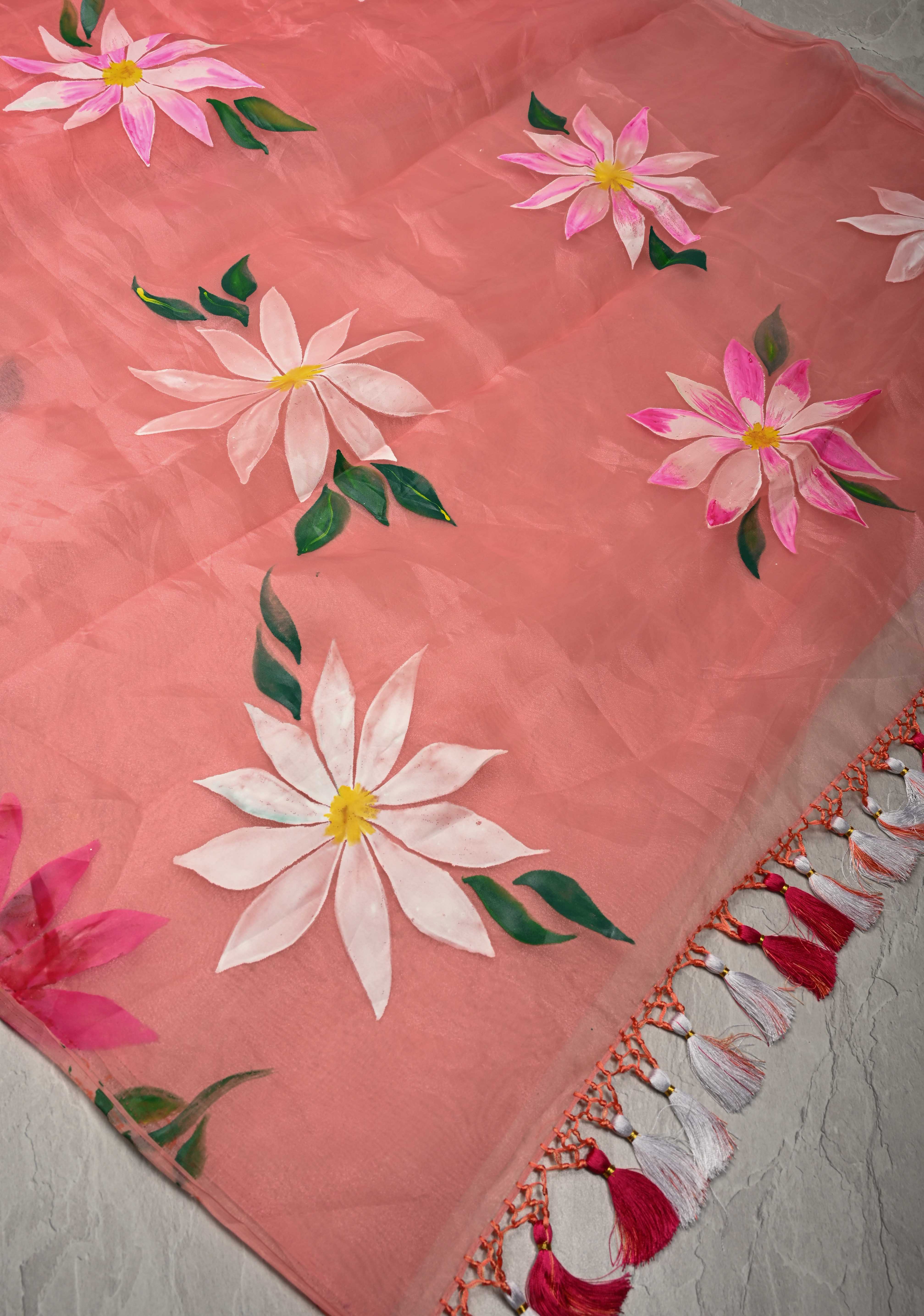 Peach Pink Organza Saree with Flowers Hand painted, No Blouse Piece | Shobitam