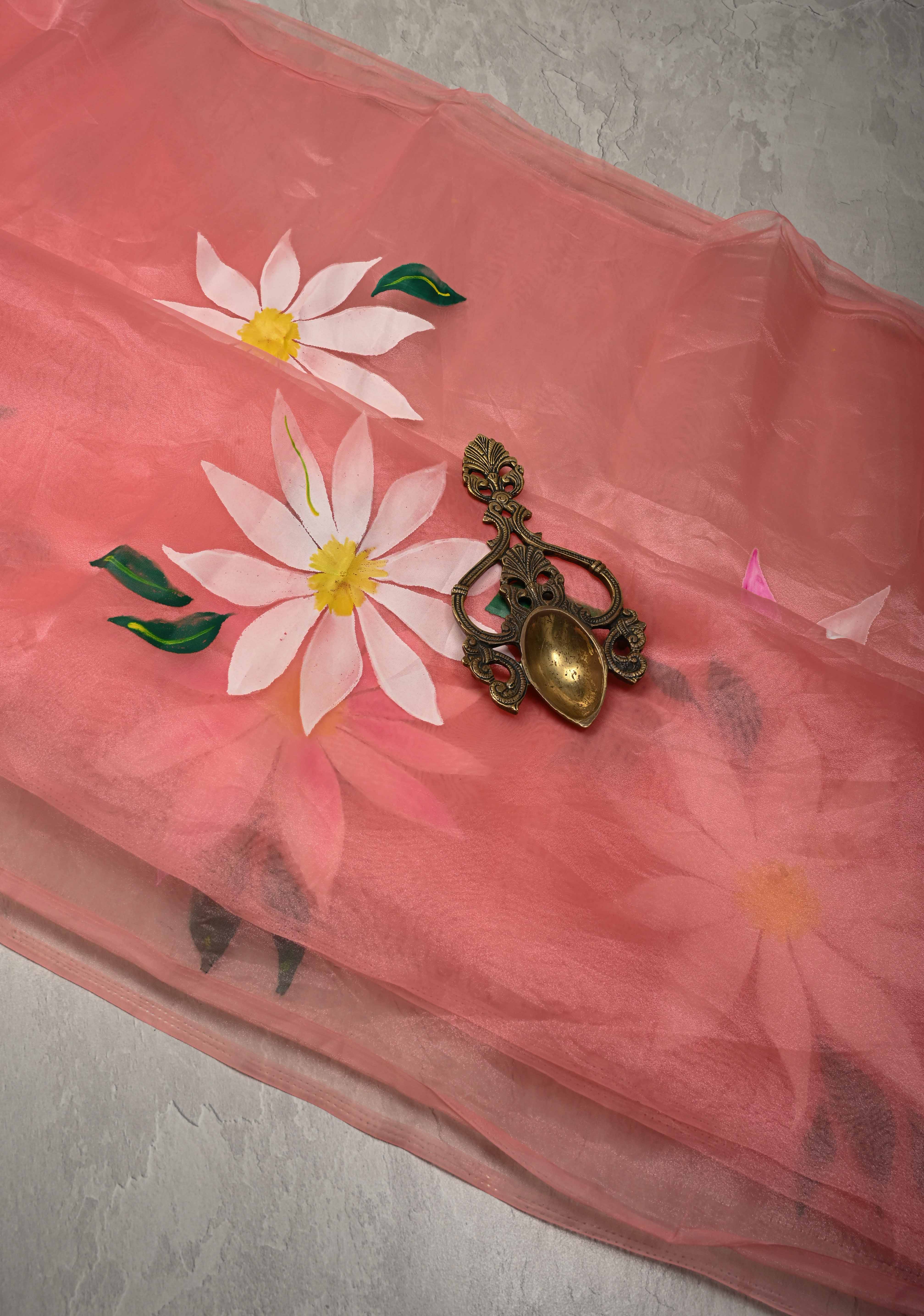 Peach Pink Organza Saree with Flowers Hand painted, No Blouse Piece | Shobitam