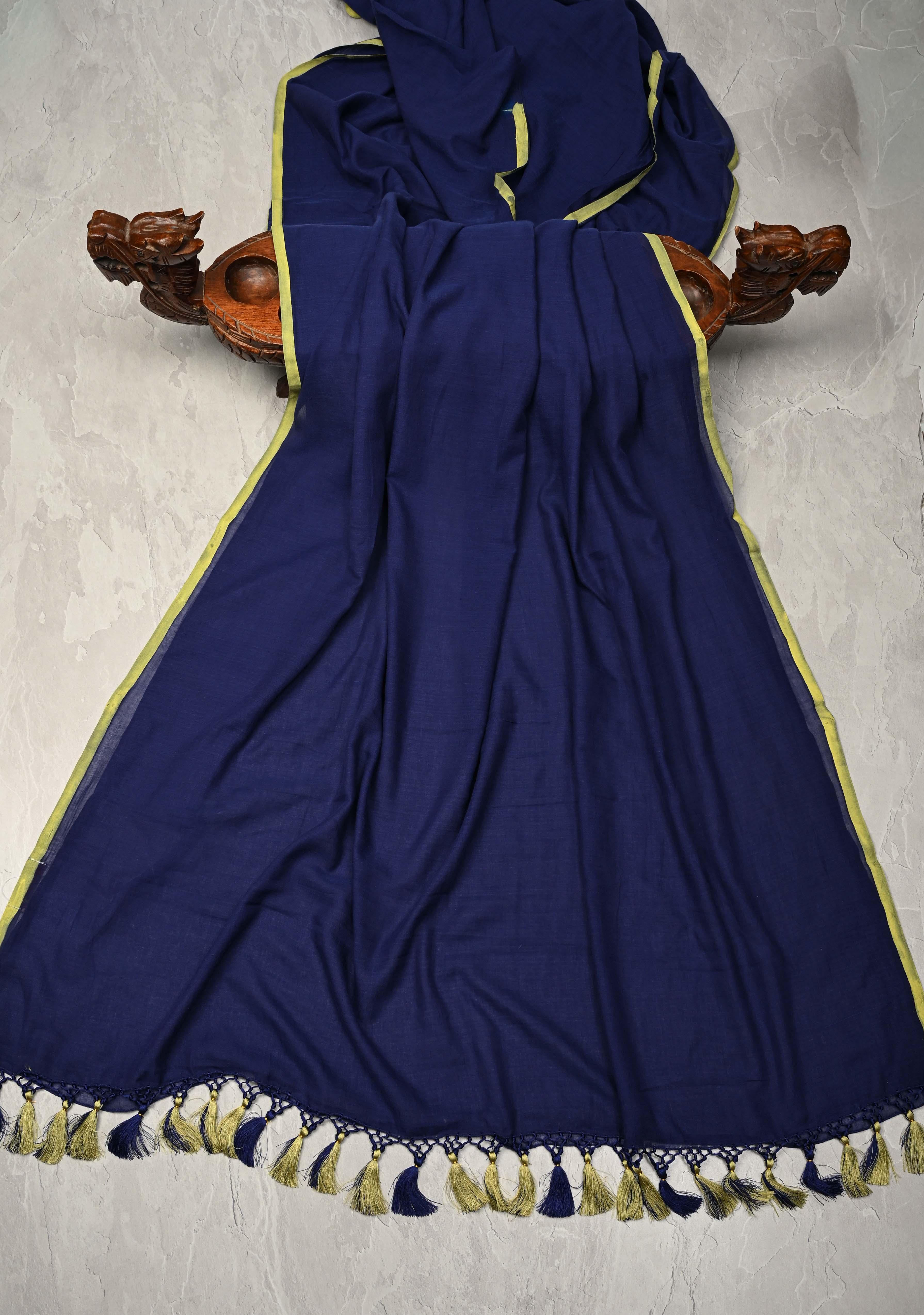 Navy Blue Mulmul Cotton Saree with tassels No Blouse piece | Shobitam