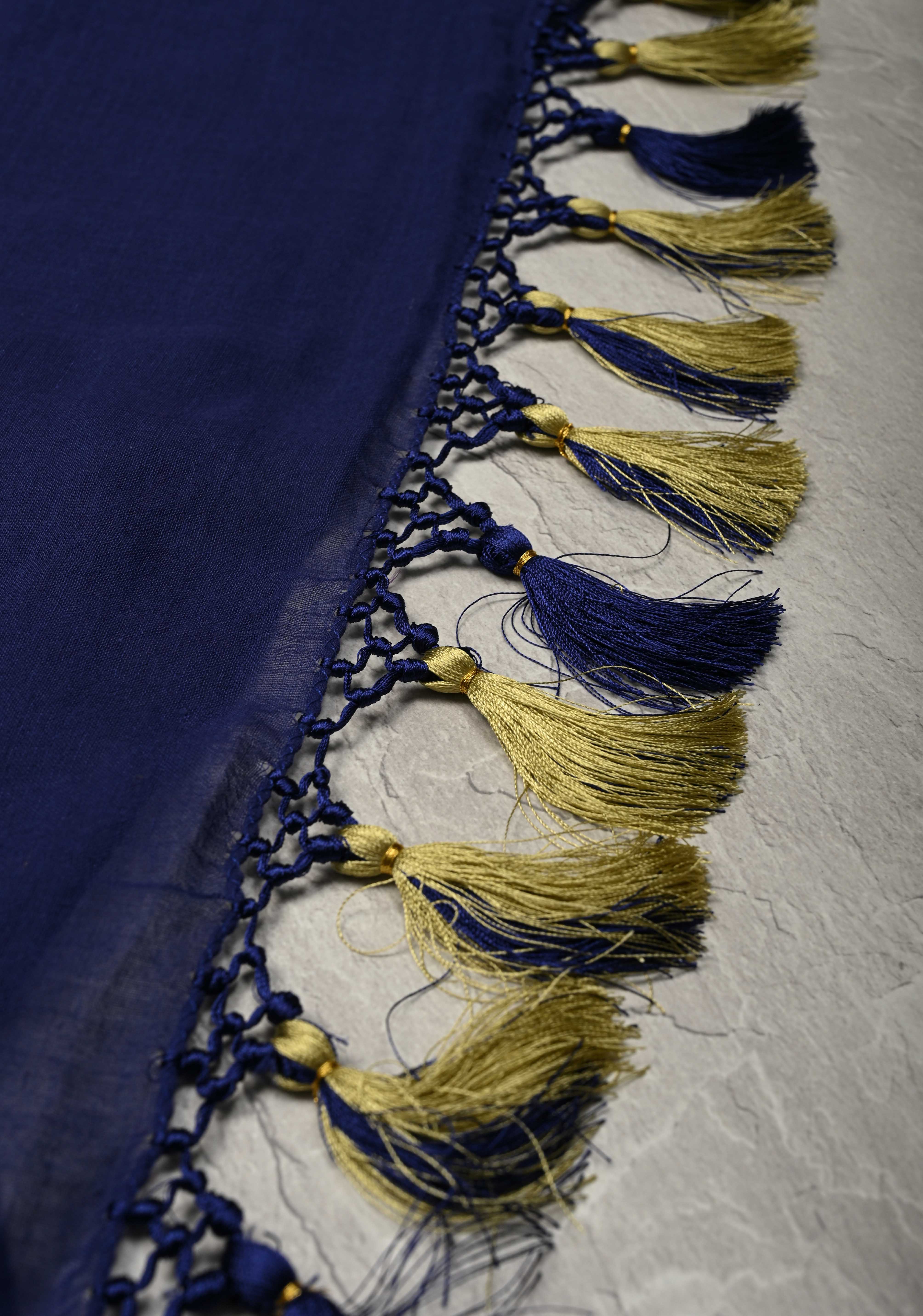 Navy Blue Mulmul Cotton Saree with tassels No Blouse piece | Shobitam