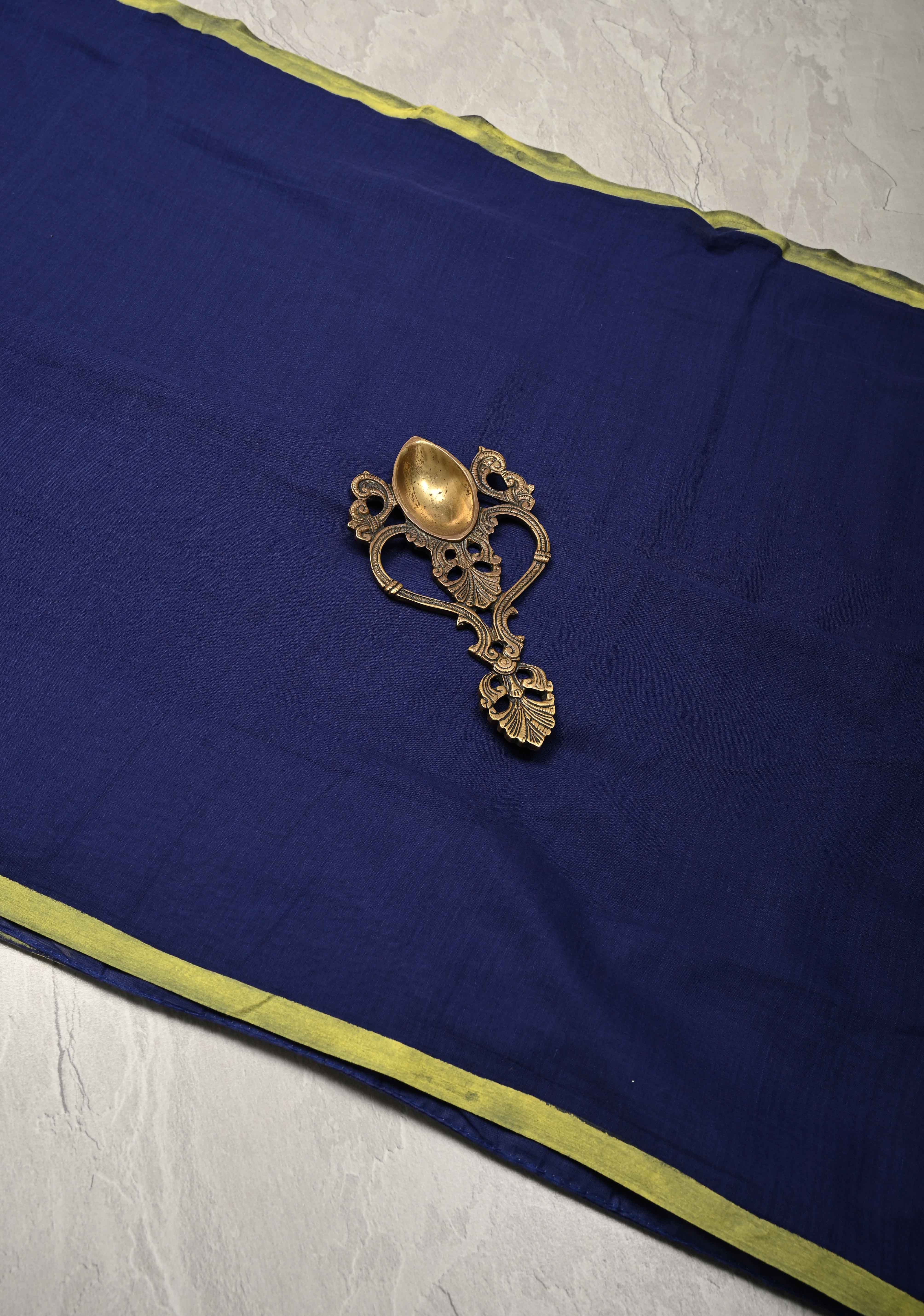 Navy Blue Mulmul Cotton Saree with tassels No Blouse piece | Shobitam