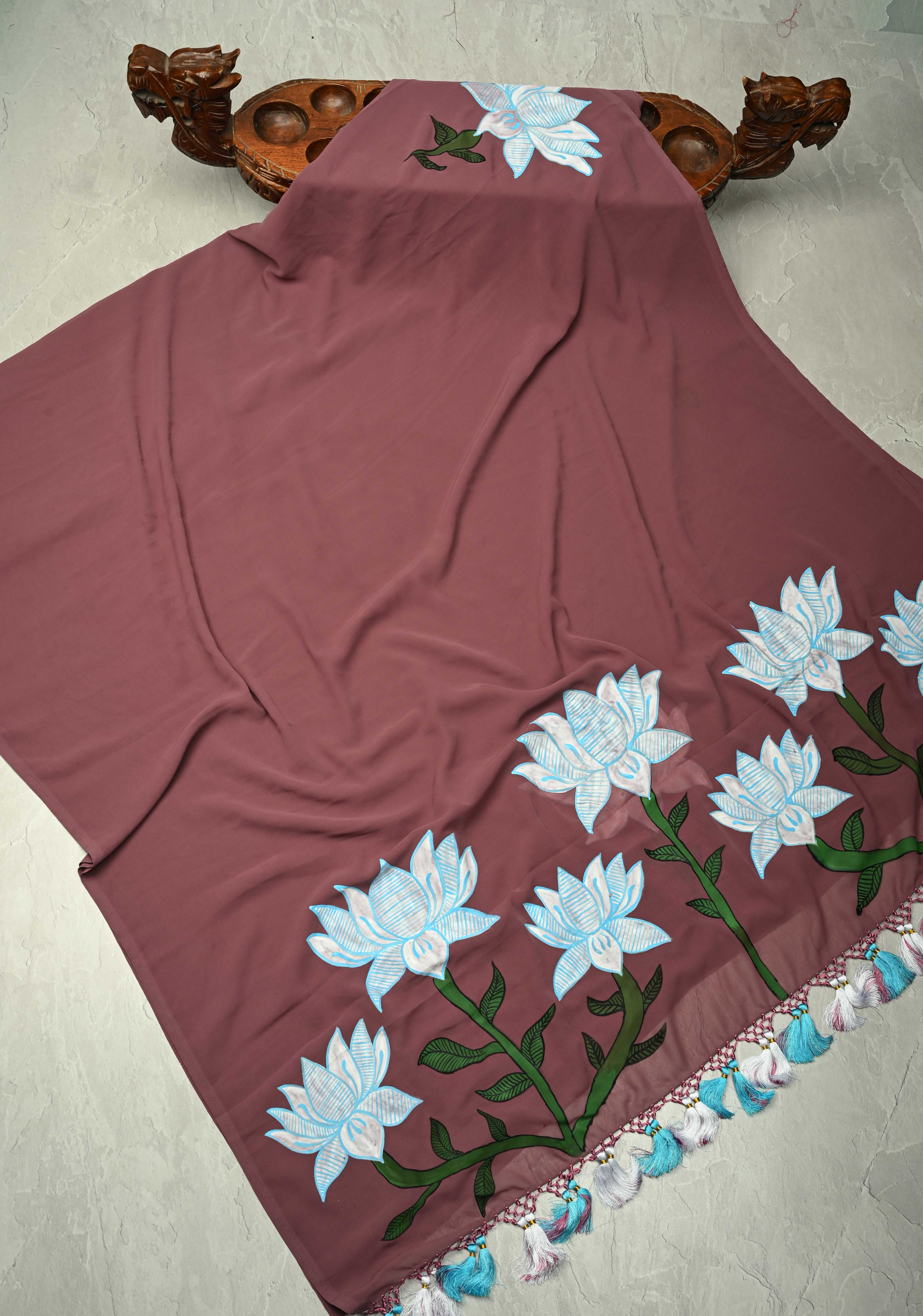 Dark Mauve Georgette Saree with Lotus Hand Painting on Pallu, No Blouse Piece | Shobitam