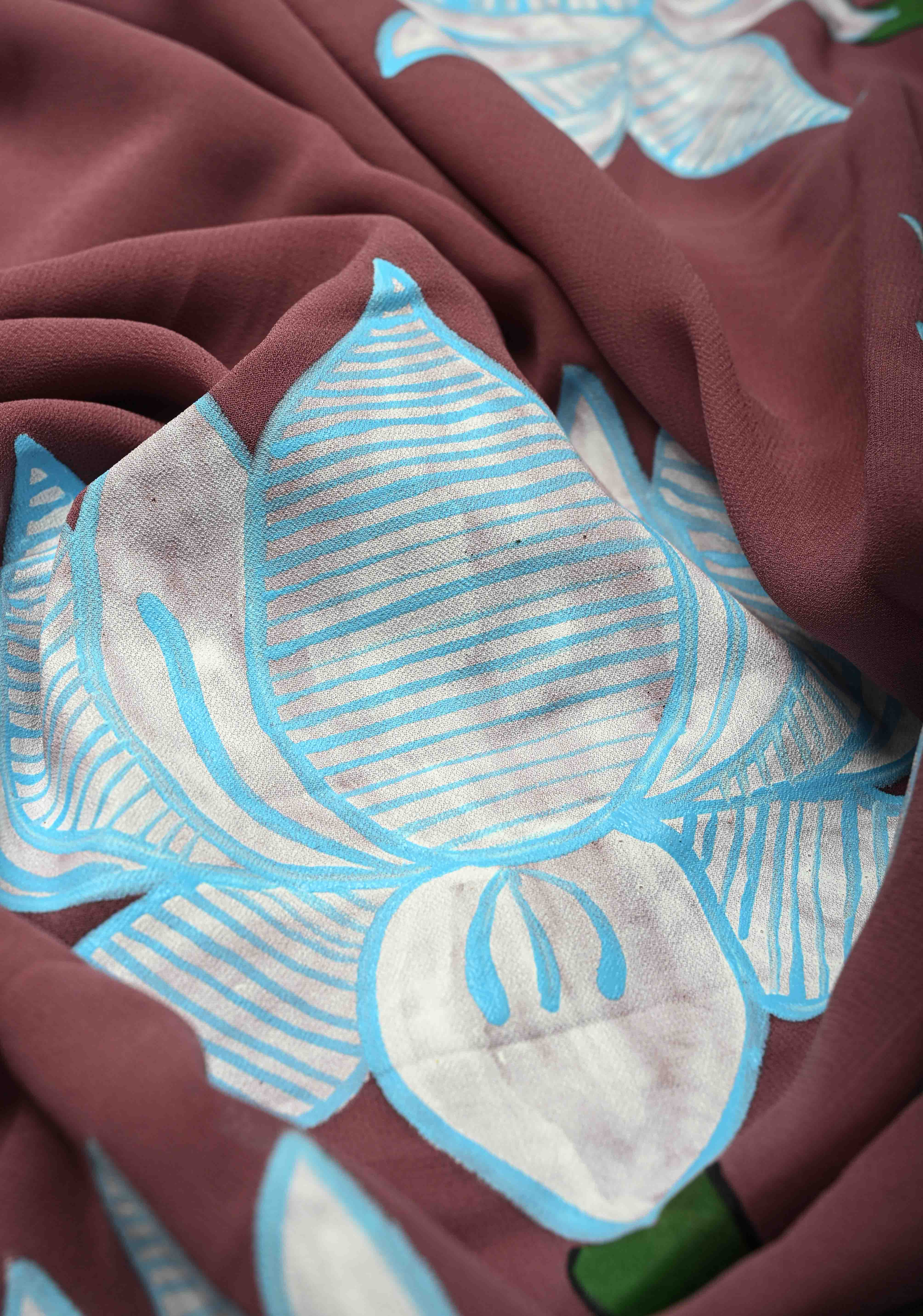 Dark Mauve Georgette Saree with Lotus Hand Painting on Pallu, No Blouse Piece | Shobitam