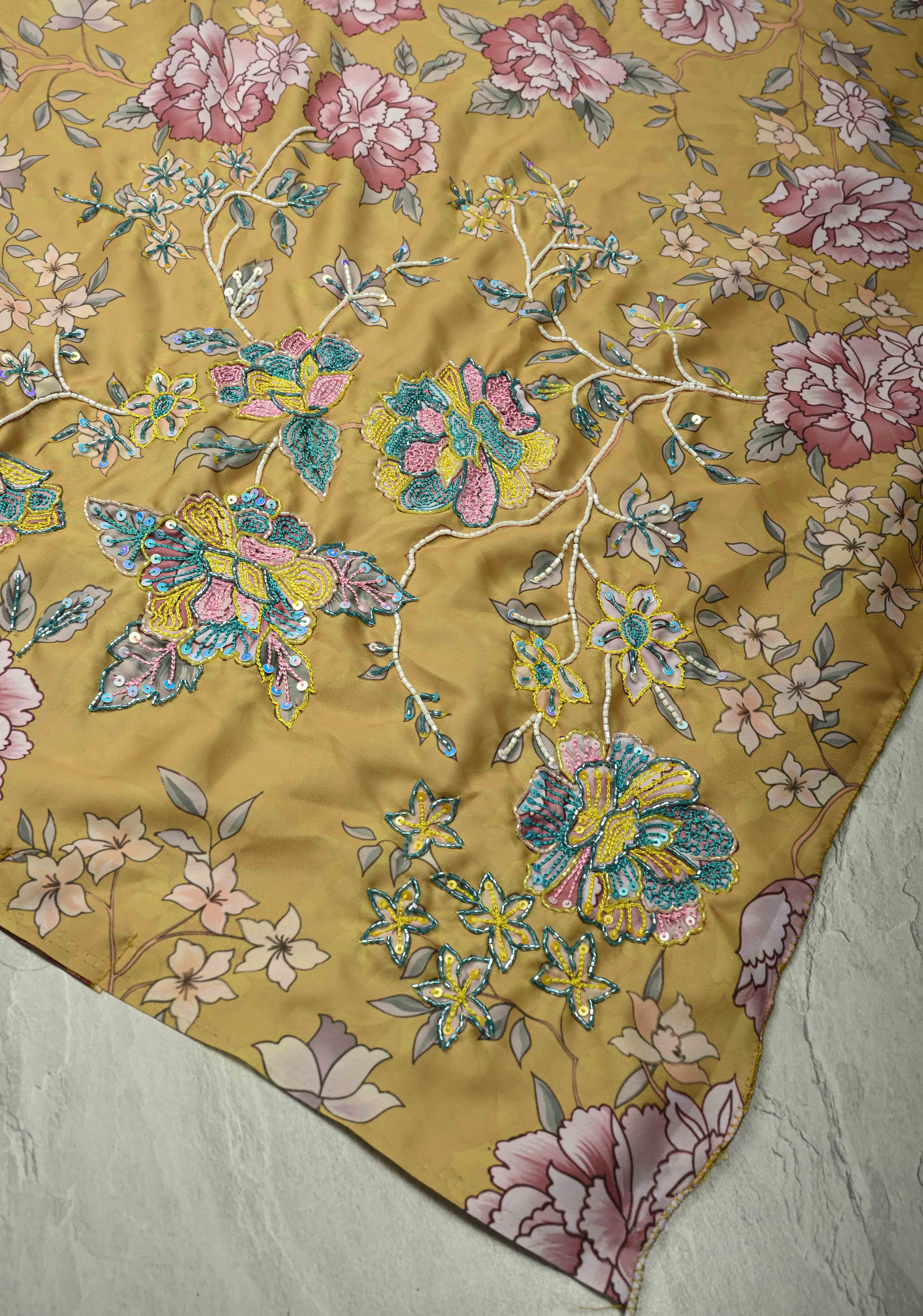 Matte Yellow Satin Silk Saree with Floral digital Print, Sequins, Cutdana and Hand Embroidery | Shobitam