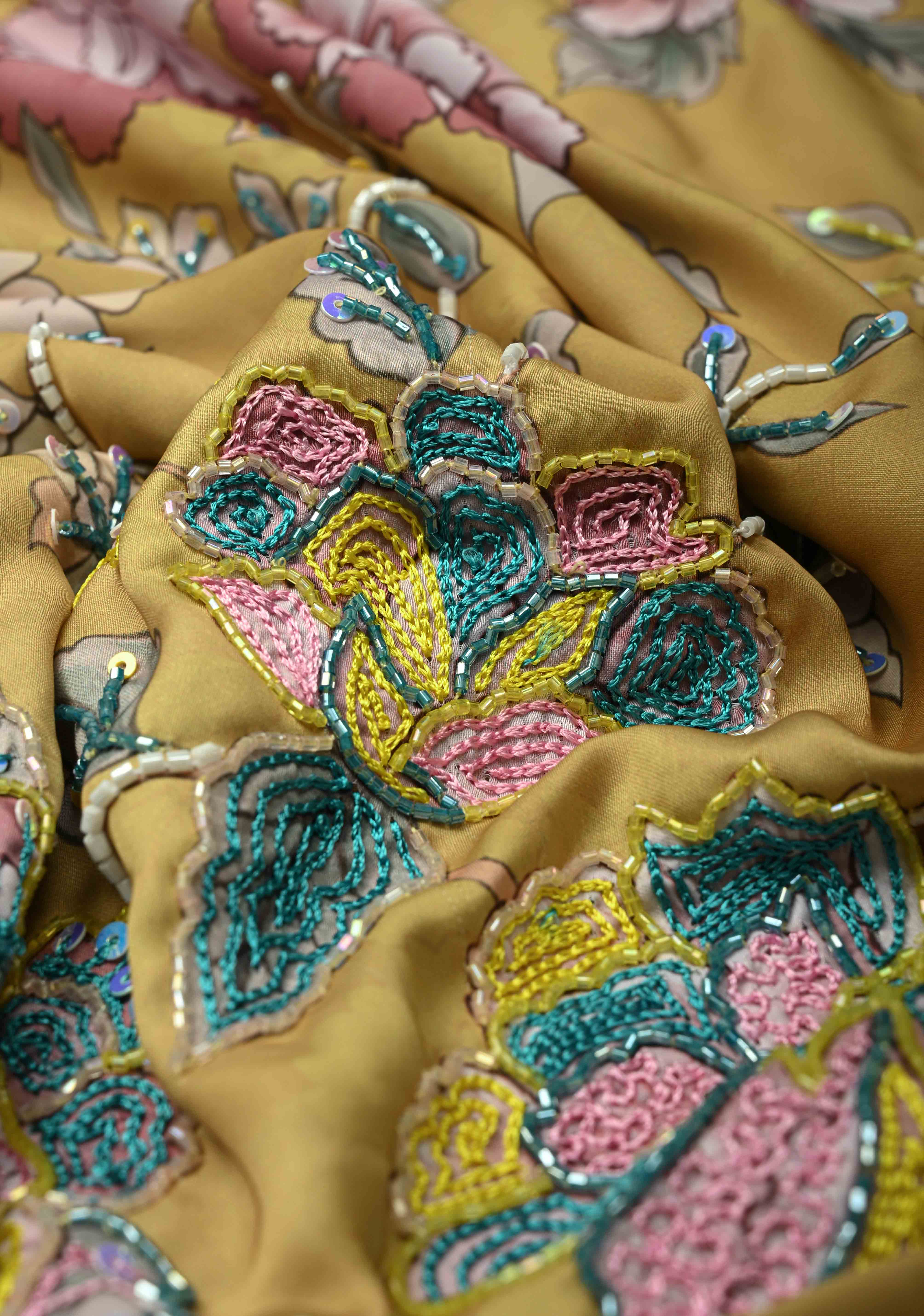 Matte Yellow Satin Silk Saree with Floral digital Print, Sequins, Cutdana and Hand Embroidery | Shobitam