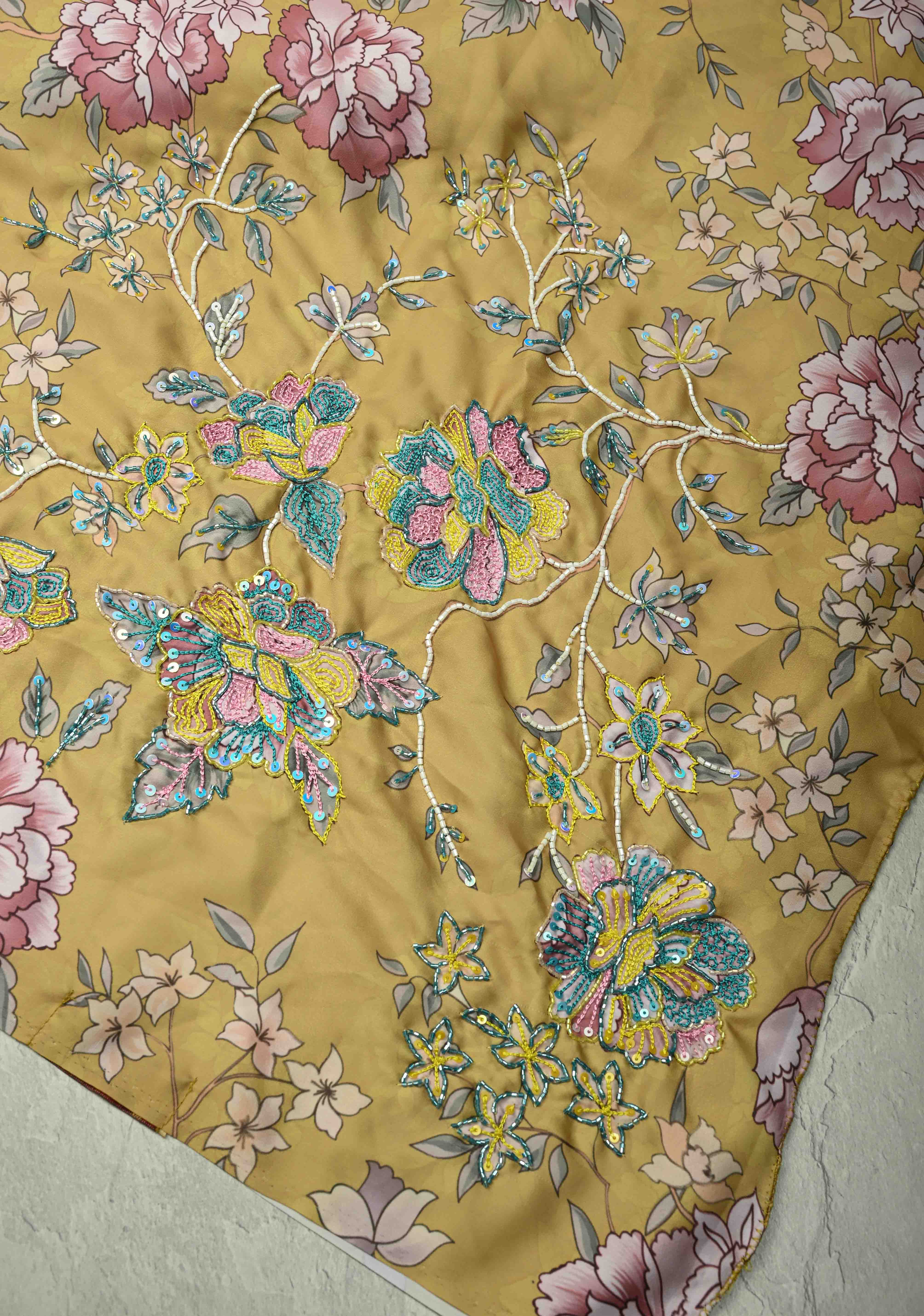 Matte Yellow Satin Silk Saree with Floral digital Print, Sequins, Cutdana and Hand Embroidery | Shobitam