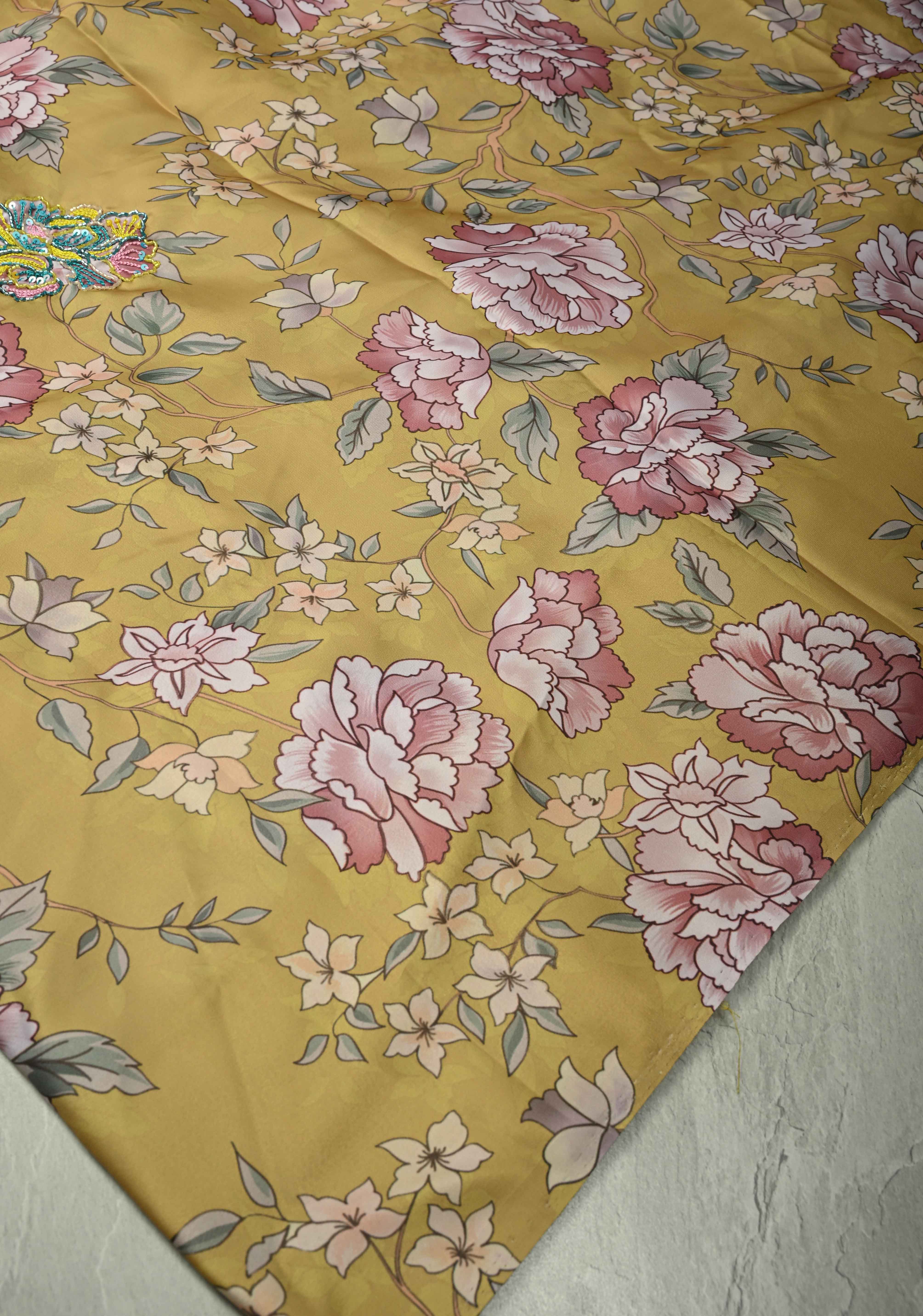 Matte Yellow Satin Silk Saree with Floral digital Print, Sequins, Cutdana and Hand Embroidery | Shobitam