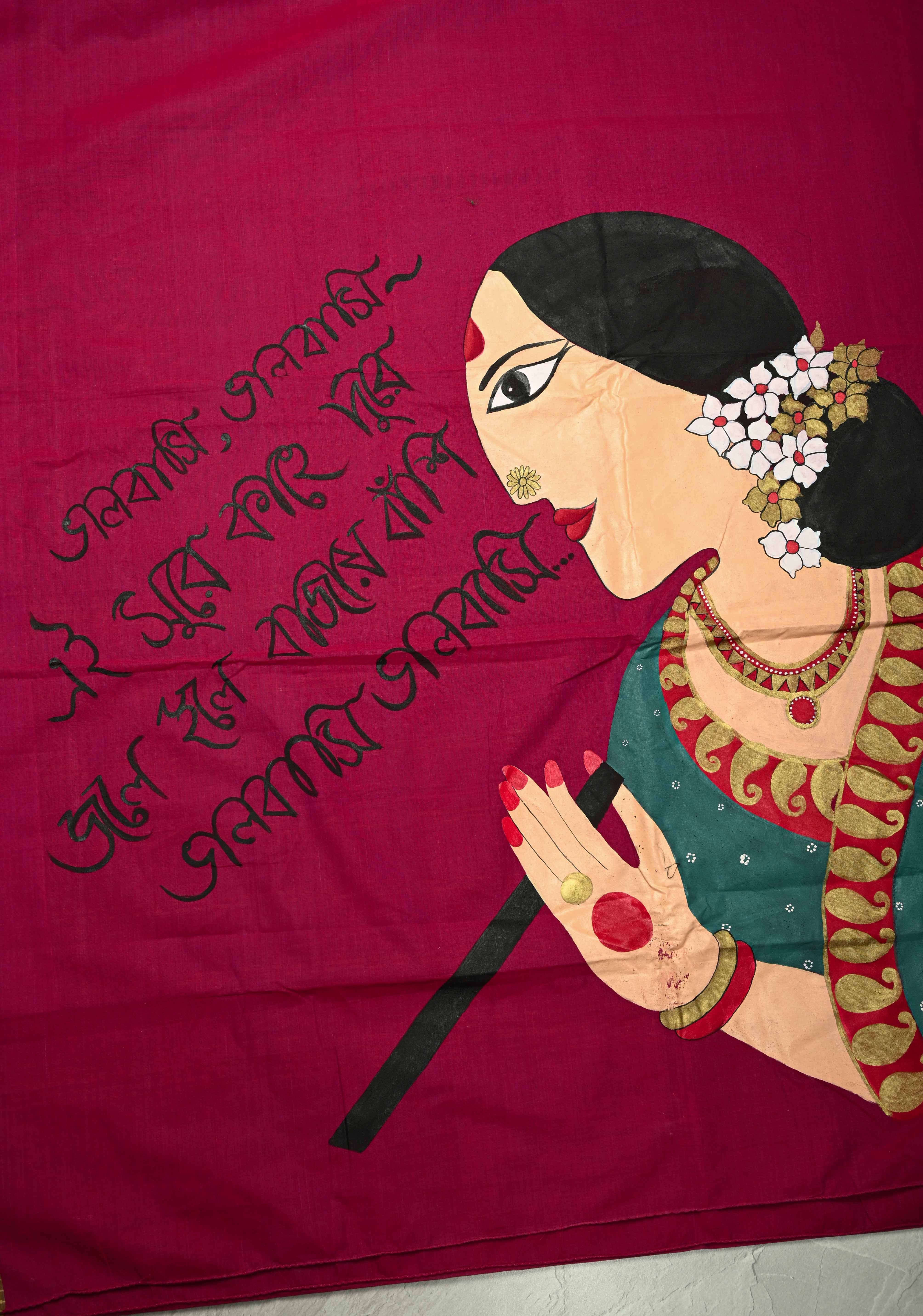Dark Fushia Chettinad Cotton Saree with Bengali Script and Lady Handpainting on Pallu, No Blouse Piece | Shobitam