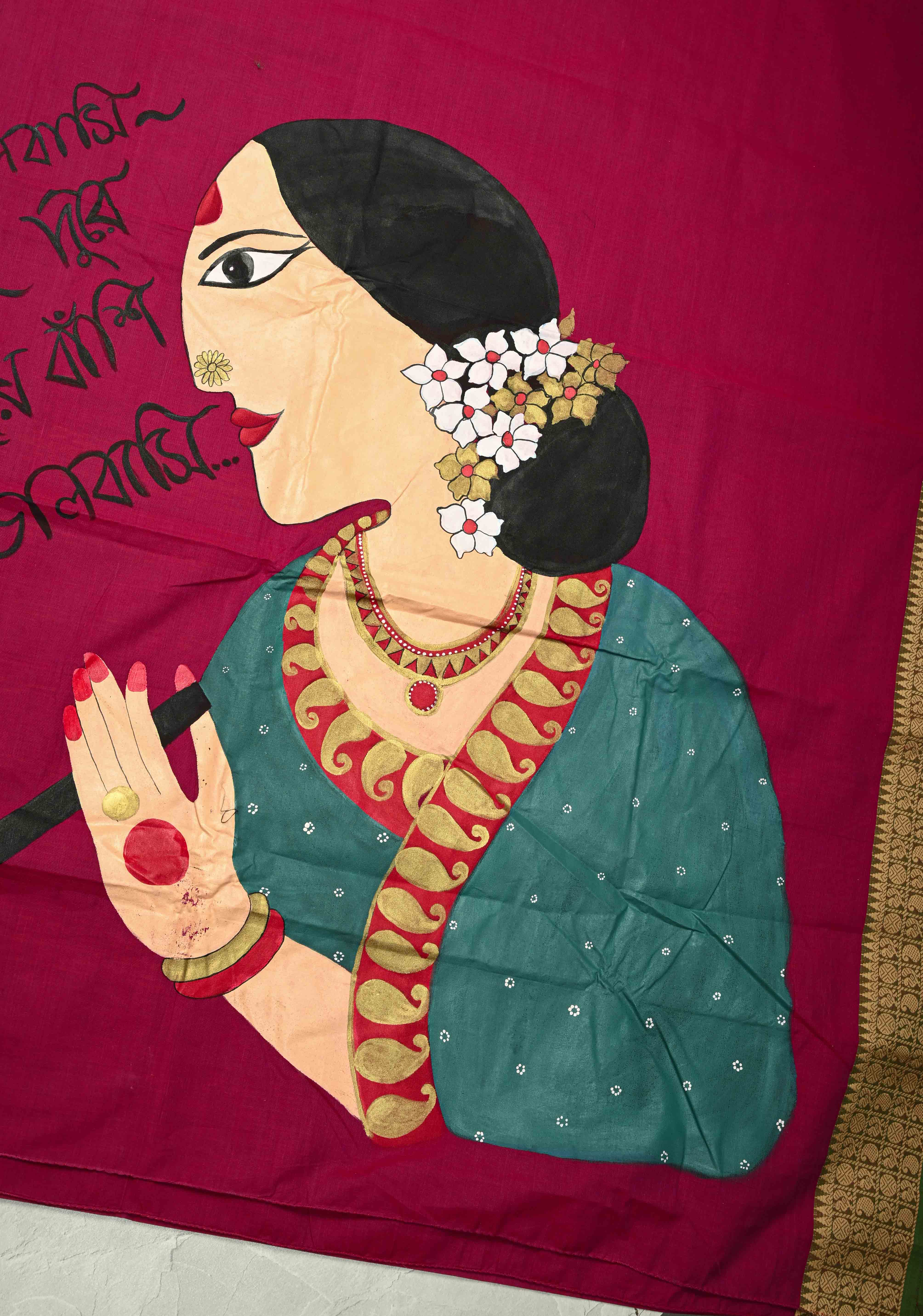 Dark Fushia Chettinad Cotton Saree with Bengali Script and Lady Handpainting on Pallu, No Blouse Piece | Shobitam