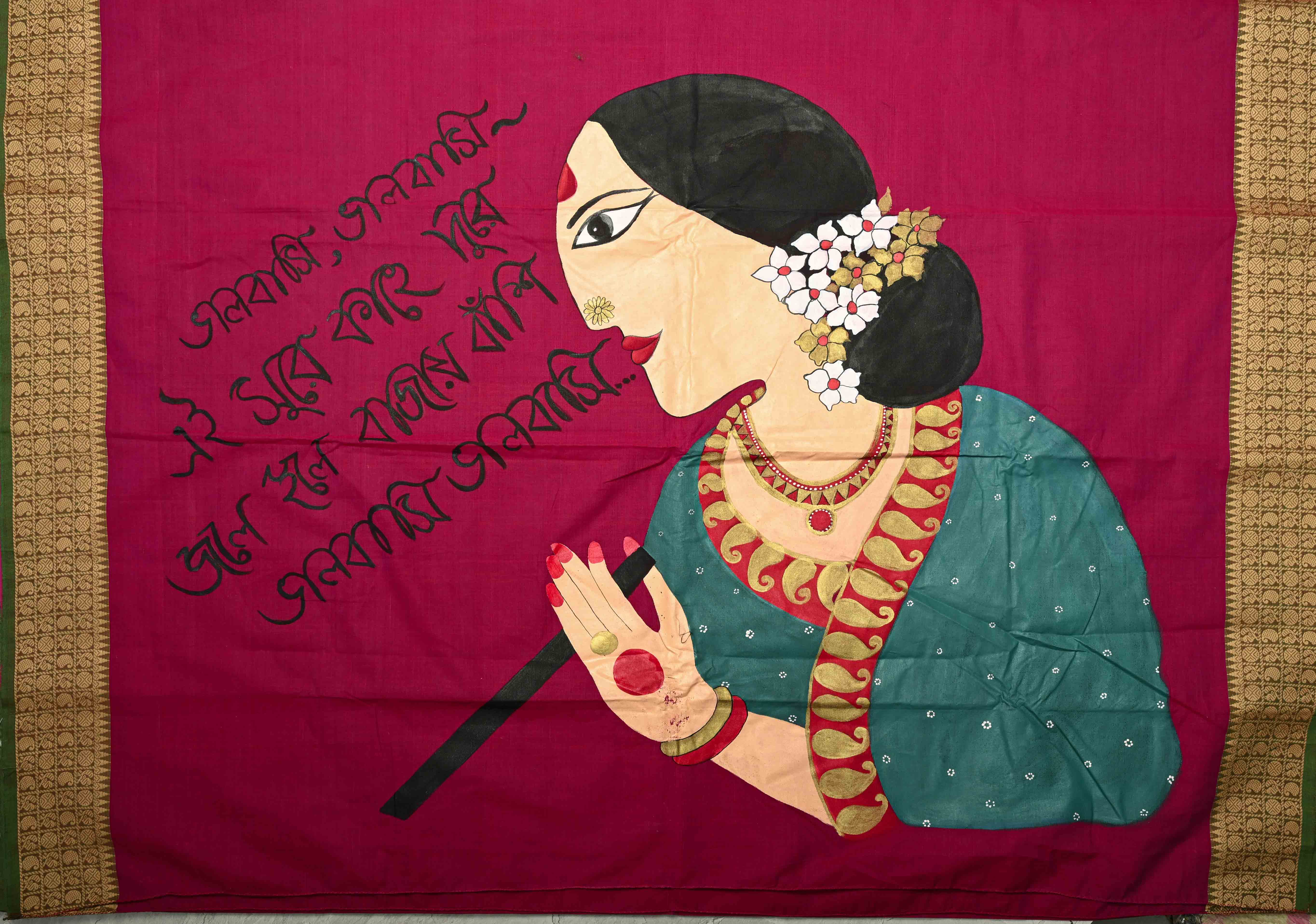 Dark Fushia Chettinad Cotton Saree with Bengali Script and Lady Handpainting on Pallu, No Blouse Piece | Shobitam
