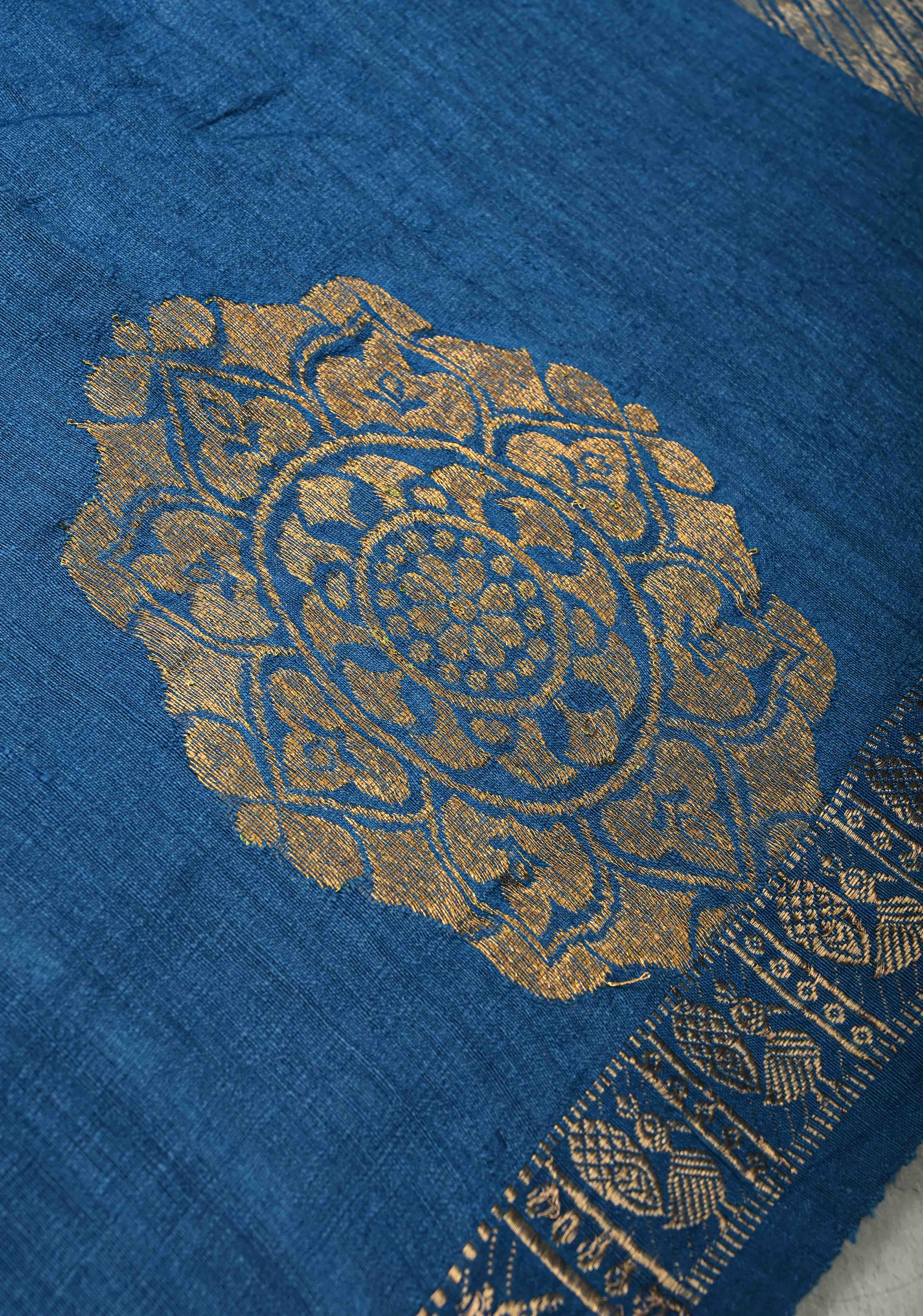 Blue Banarasi Linen Saree with Zari Buttas and Zari Border | Shobitam