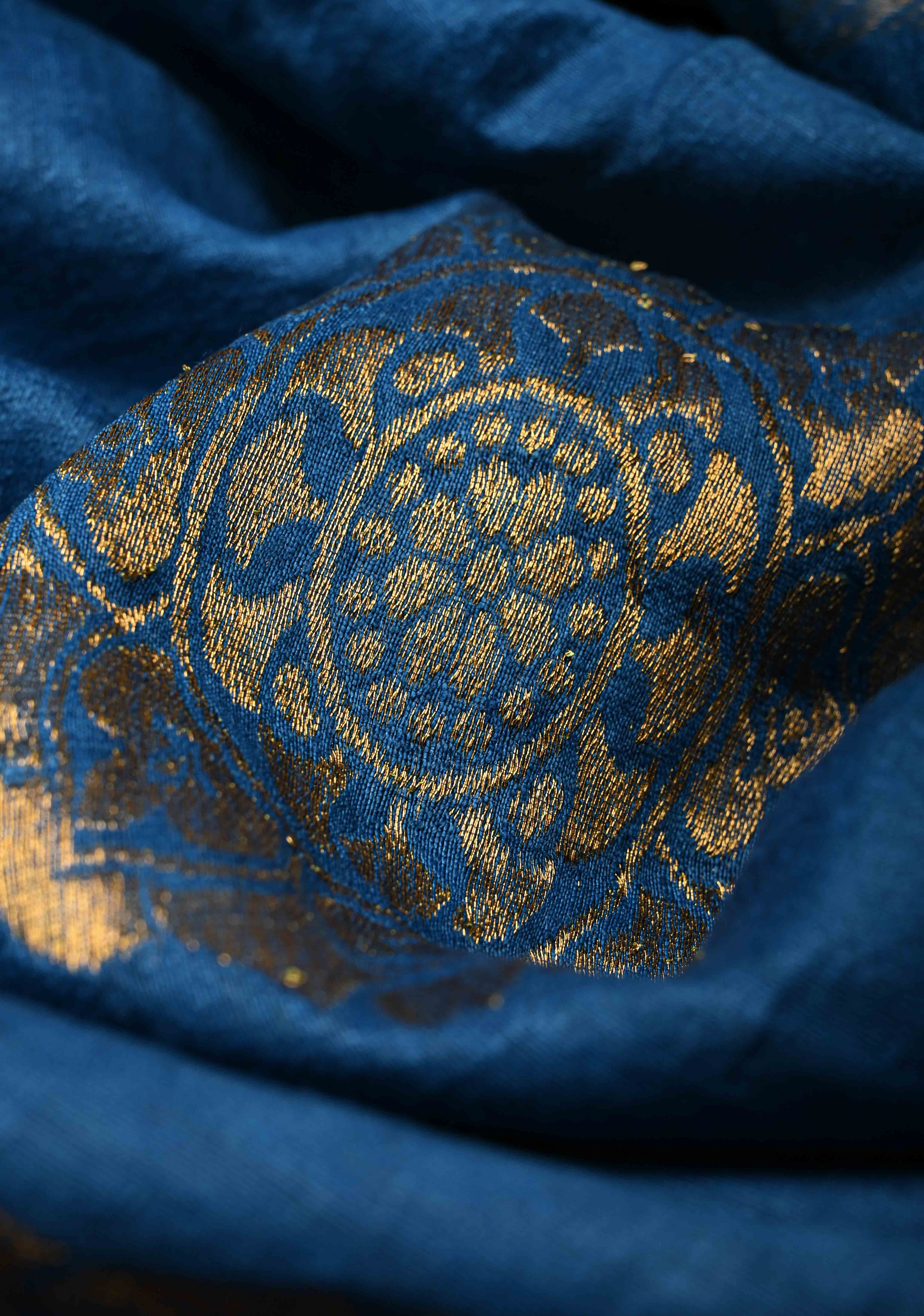 Blue Banarasi Linen Saree with Zari Buttas and Zari Border | Shobitam