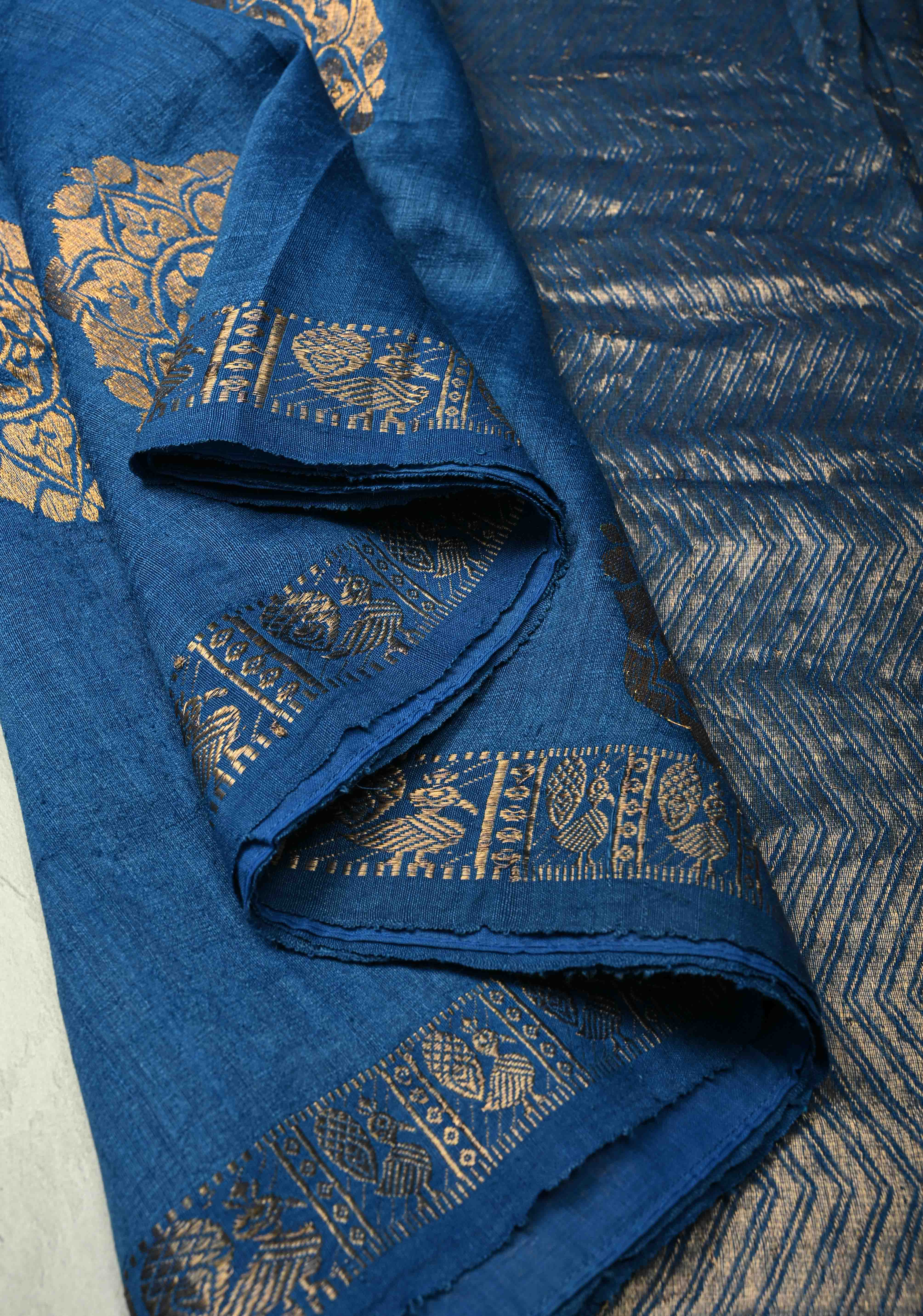 Blue Banarasi Linen Saree with Zari Buttas and Zari Border | Shobitam