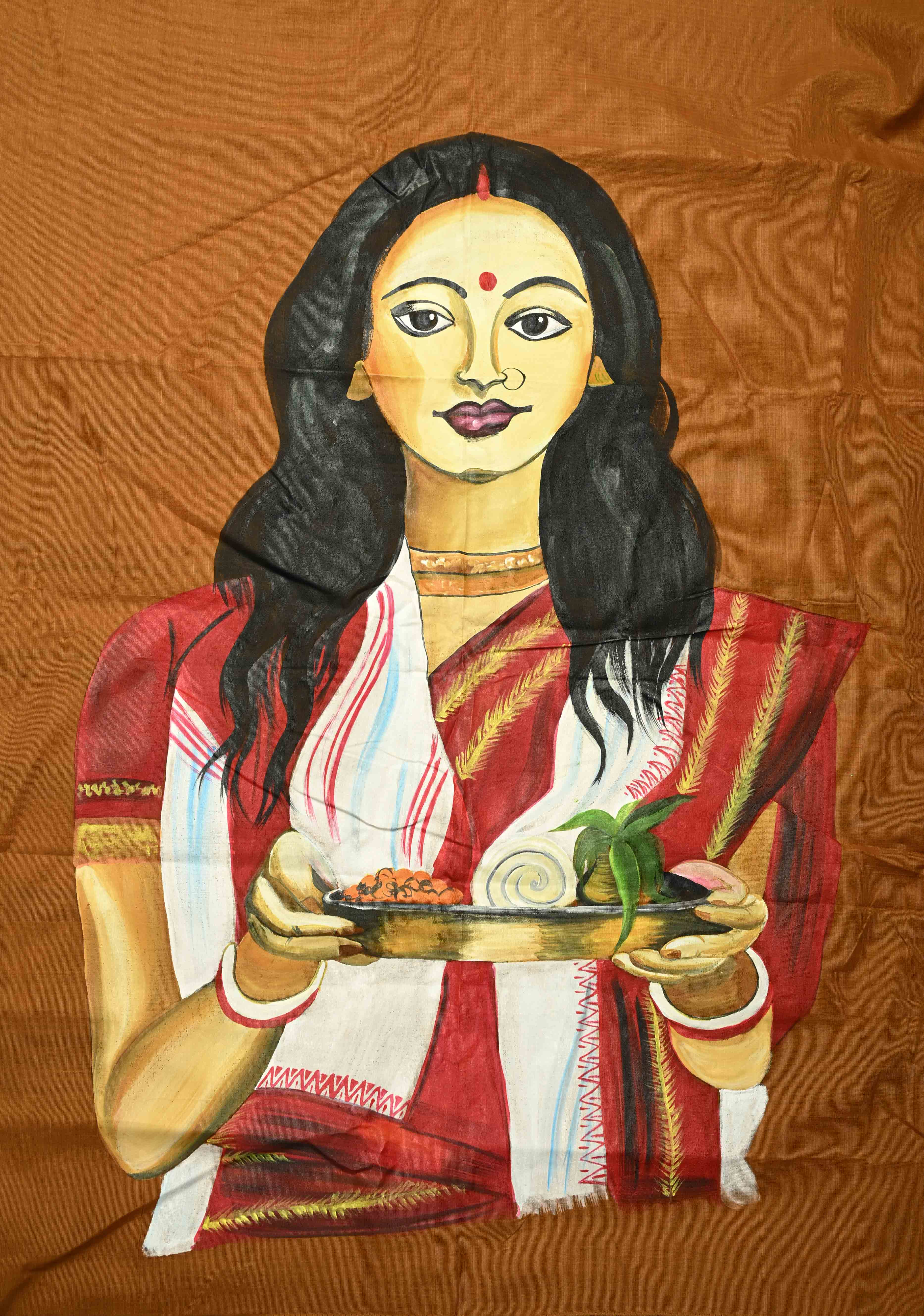 Camel Brown Chettinad Cotton Saree with Border and Bengali Lady Handpainting on Pallu, No Blouse Piece | Shobitam