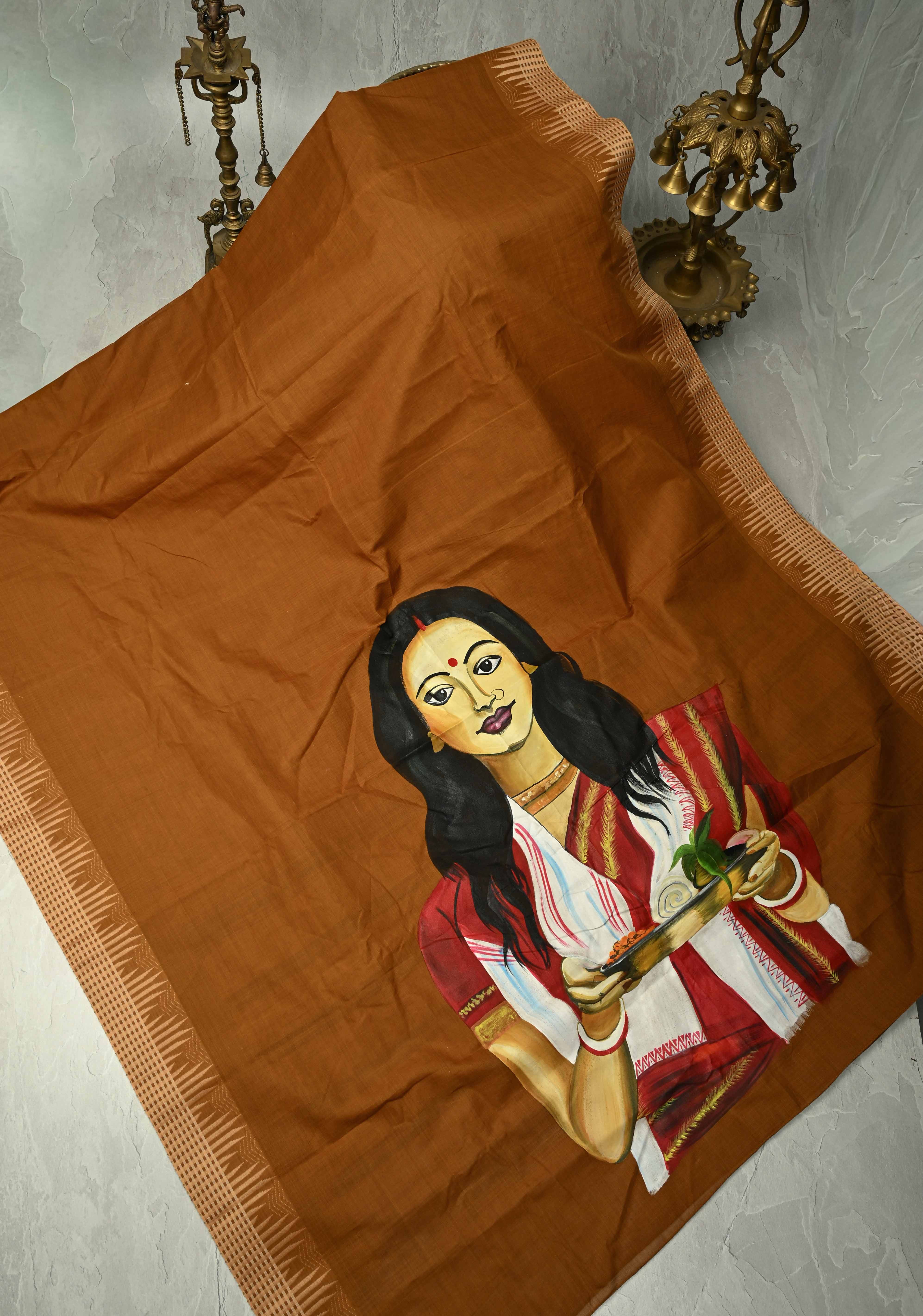 Camel Brown Chettinad Cotton Saree with Border and Bengali Lady Handpainting on Pallu, No Blouse Piece | Shobitam