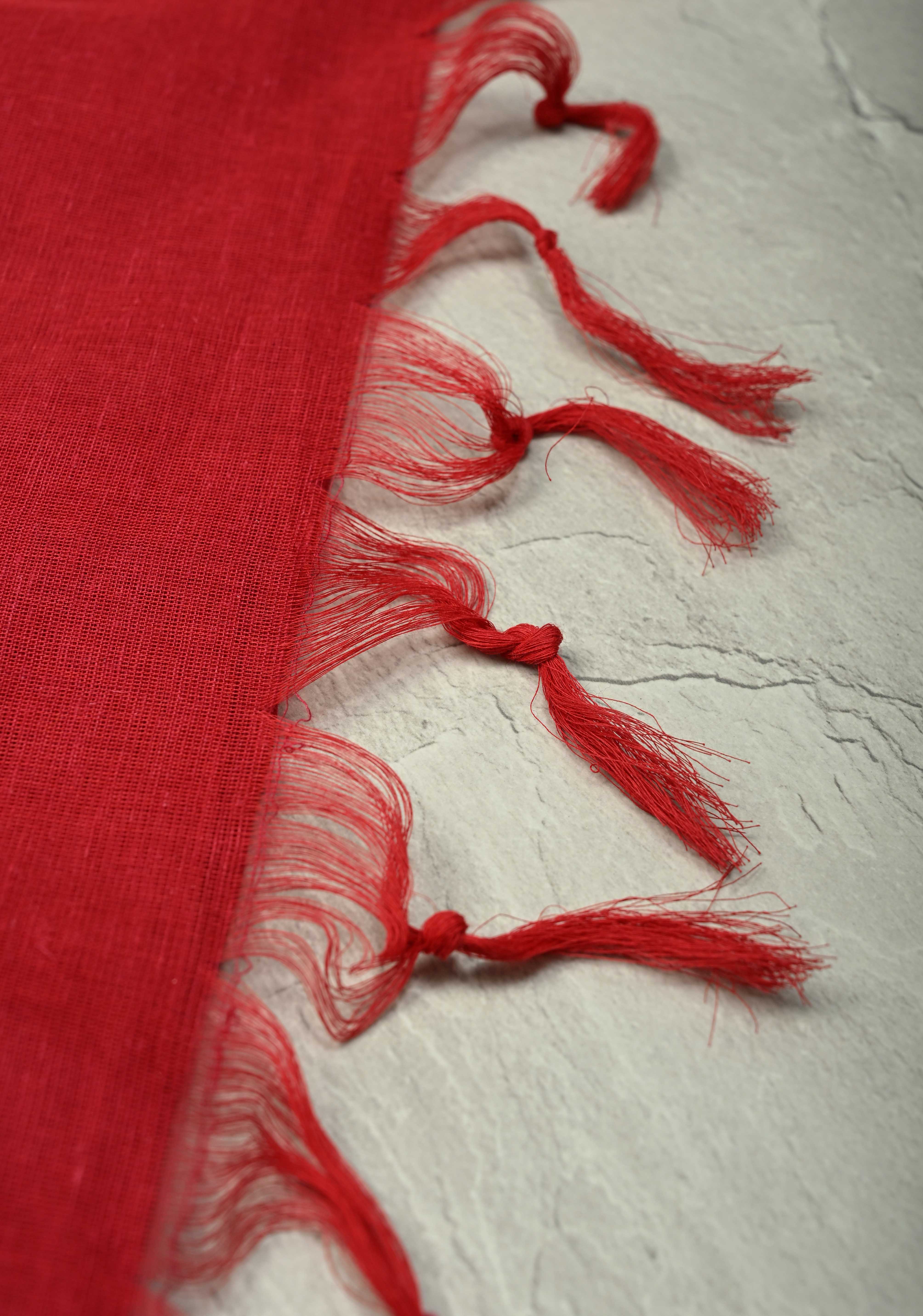 Red Mercerized Cotton Saree with Resham Butta and Zari Border, No Blouse Piece | Shobitam