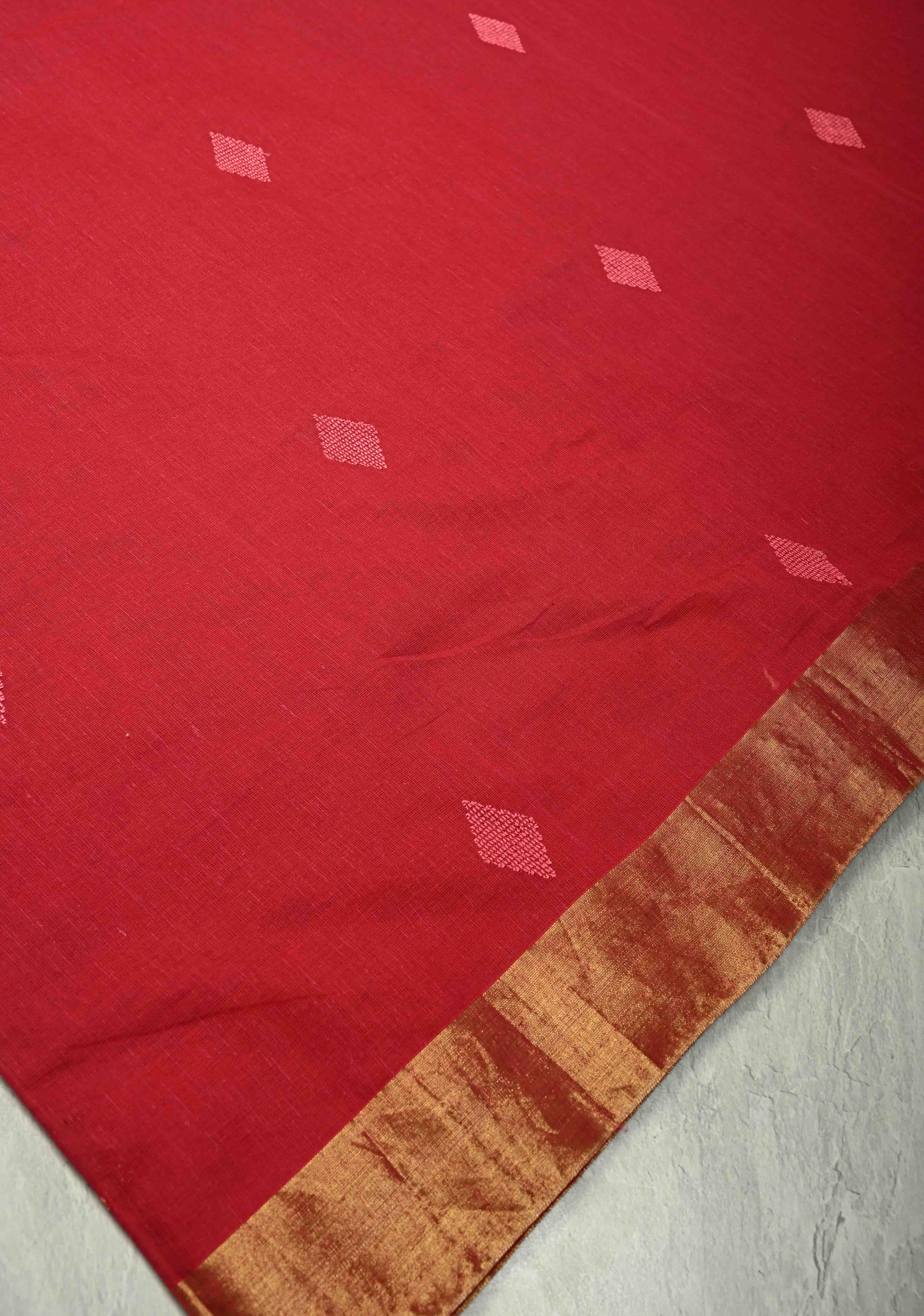 Red Mercerized Cotton Saree with Resham Butta and Zari Border, No Blouse Piece | Shobitam