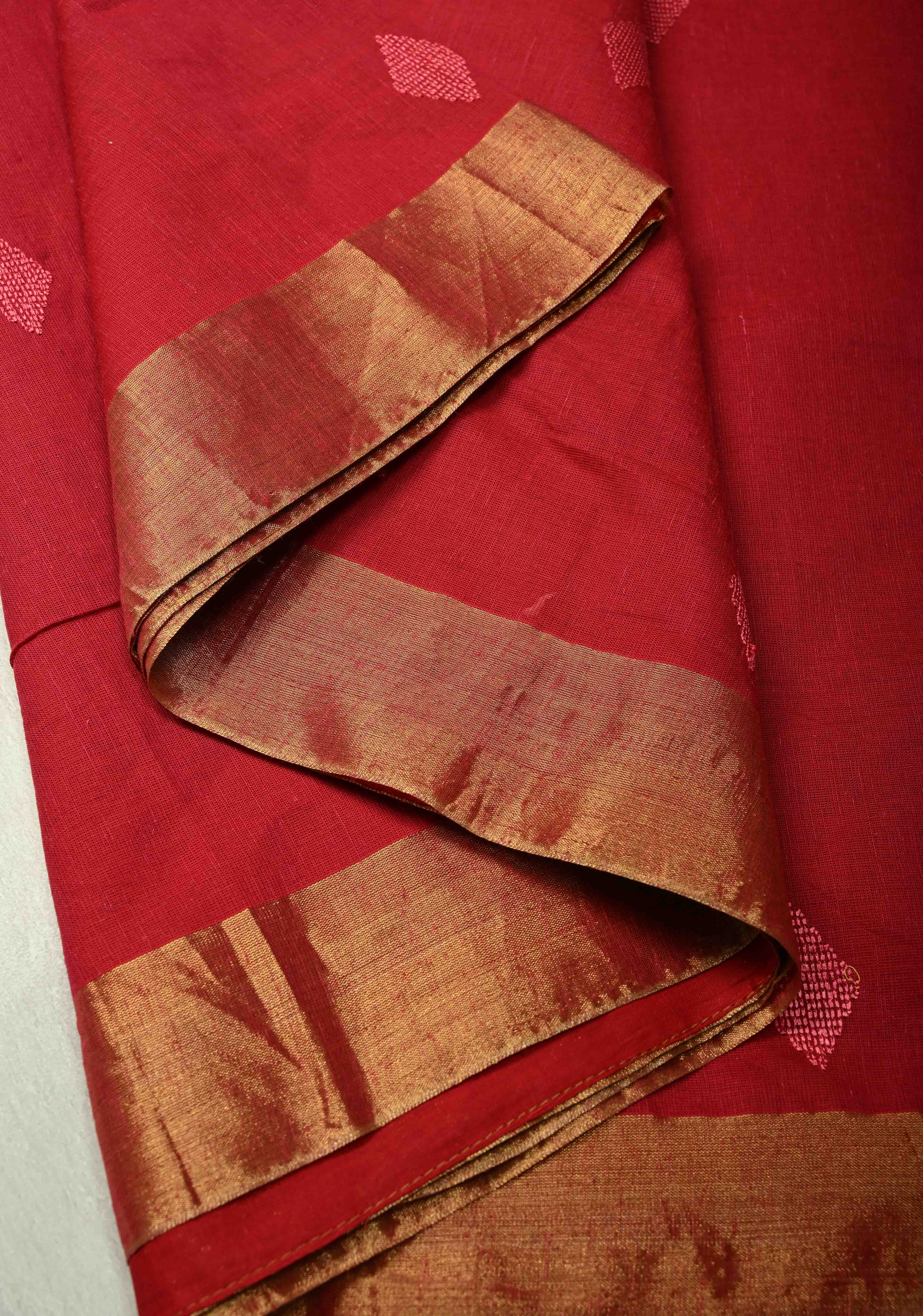 Red Mercerized Cotton Saree with Resham Butta and Zari Border, No Blouse Piece | Shobitam