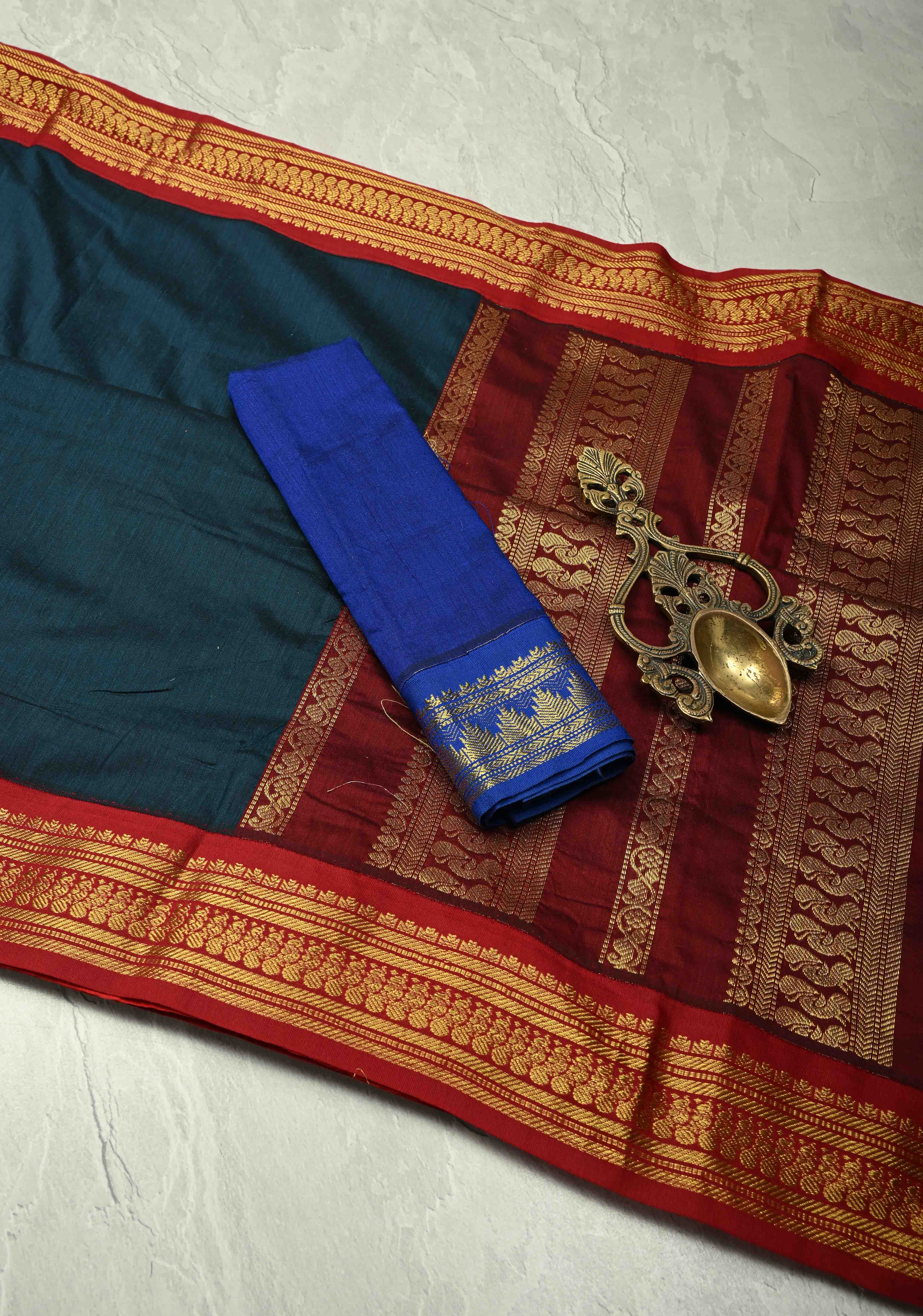 Navy Blue Silk Cotton Handloom Saree with Contrast Zari Border | Shobitam