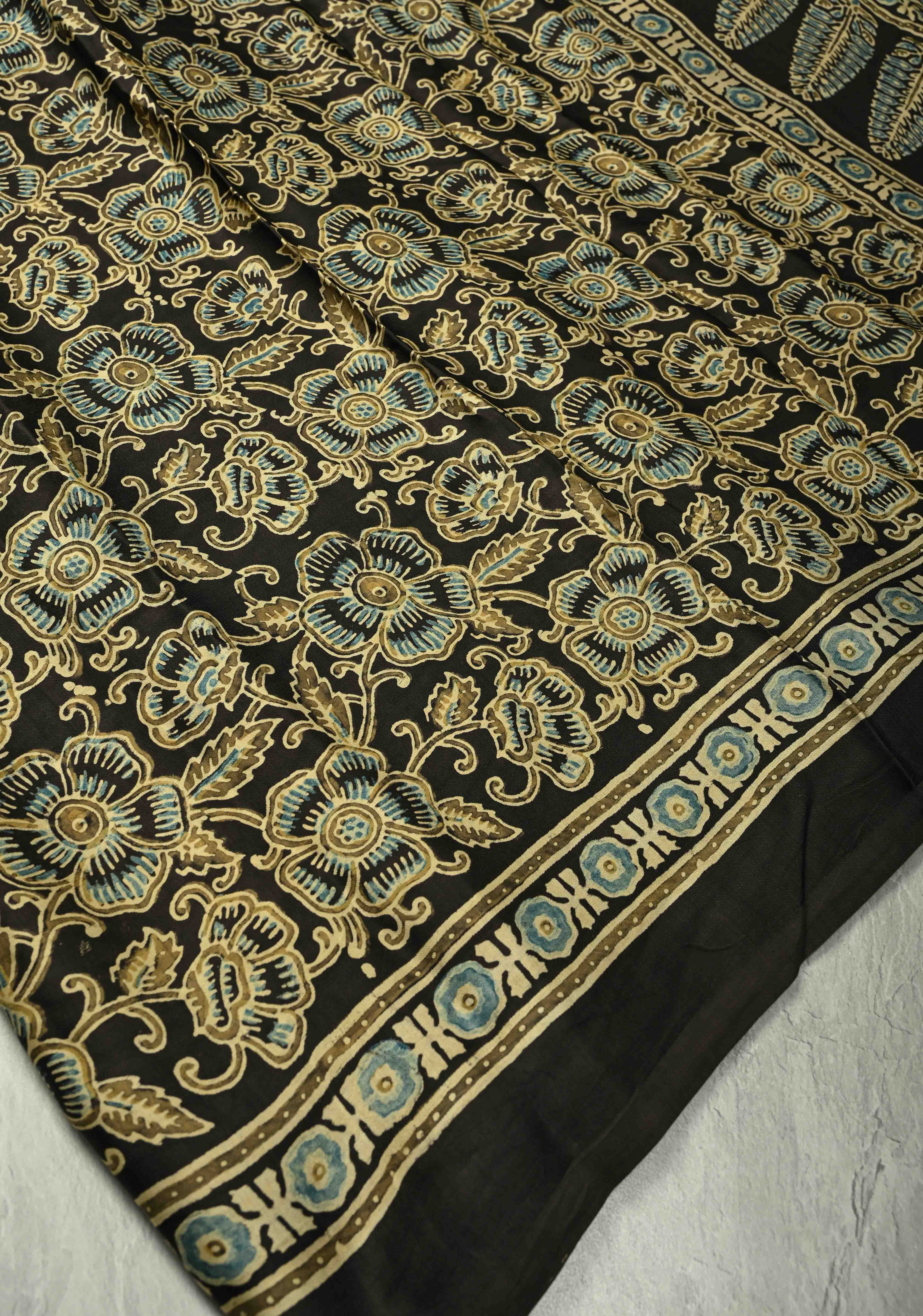 Black Modal Silk Saree with Ajrakh Hand Block Print and Crushed Pallu | Shobitam