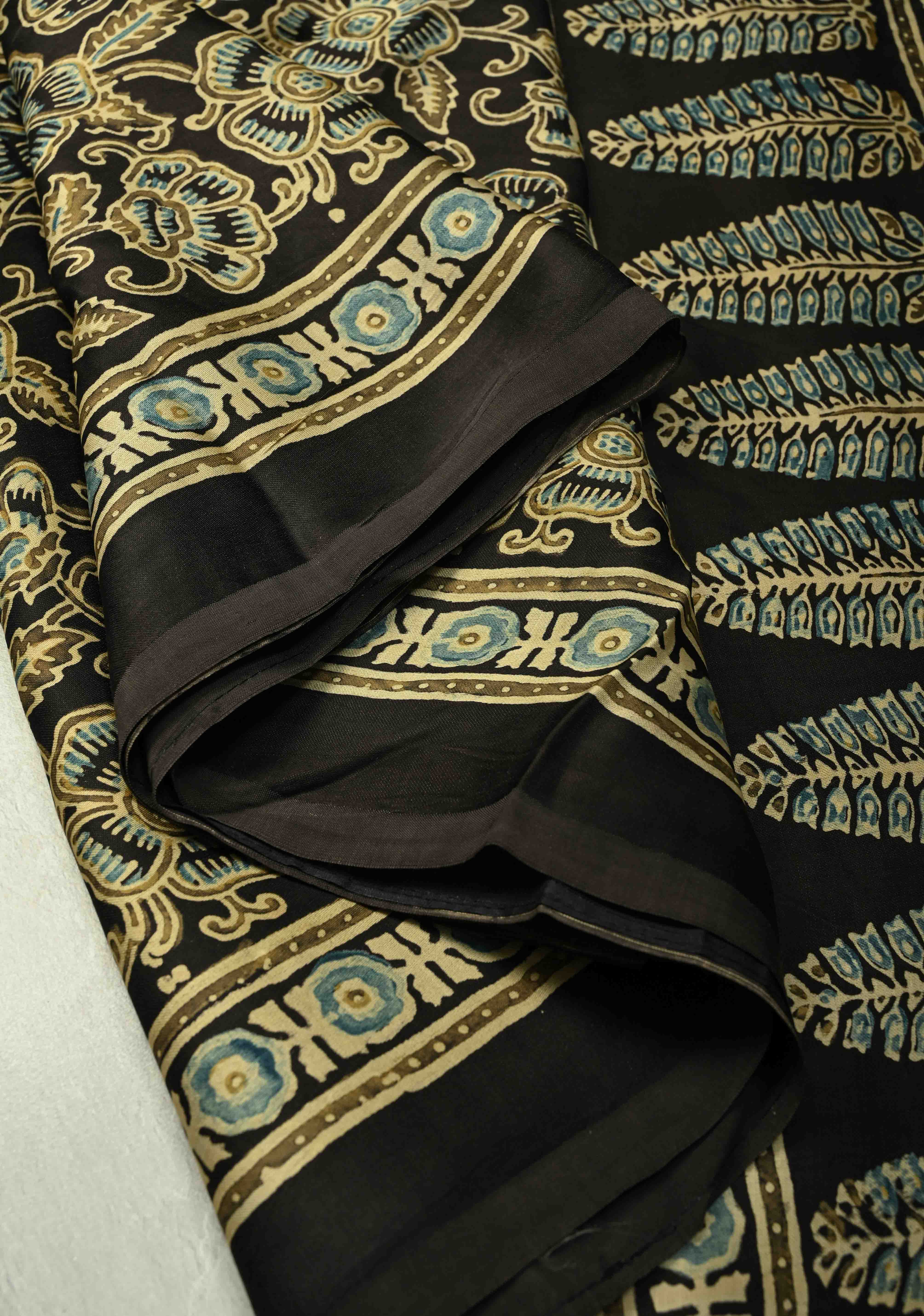 Black Modal Silk Saree with Ajrakh Hand Block Print and Crushed Pallu | Shobitam