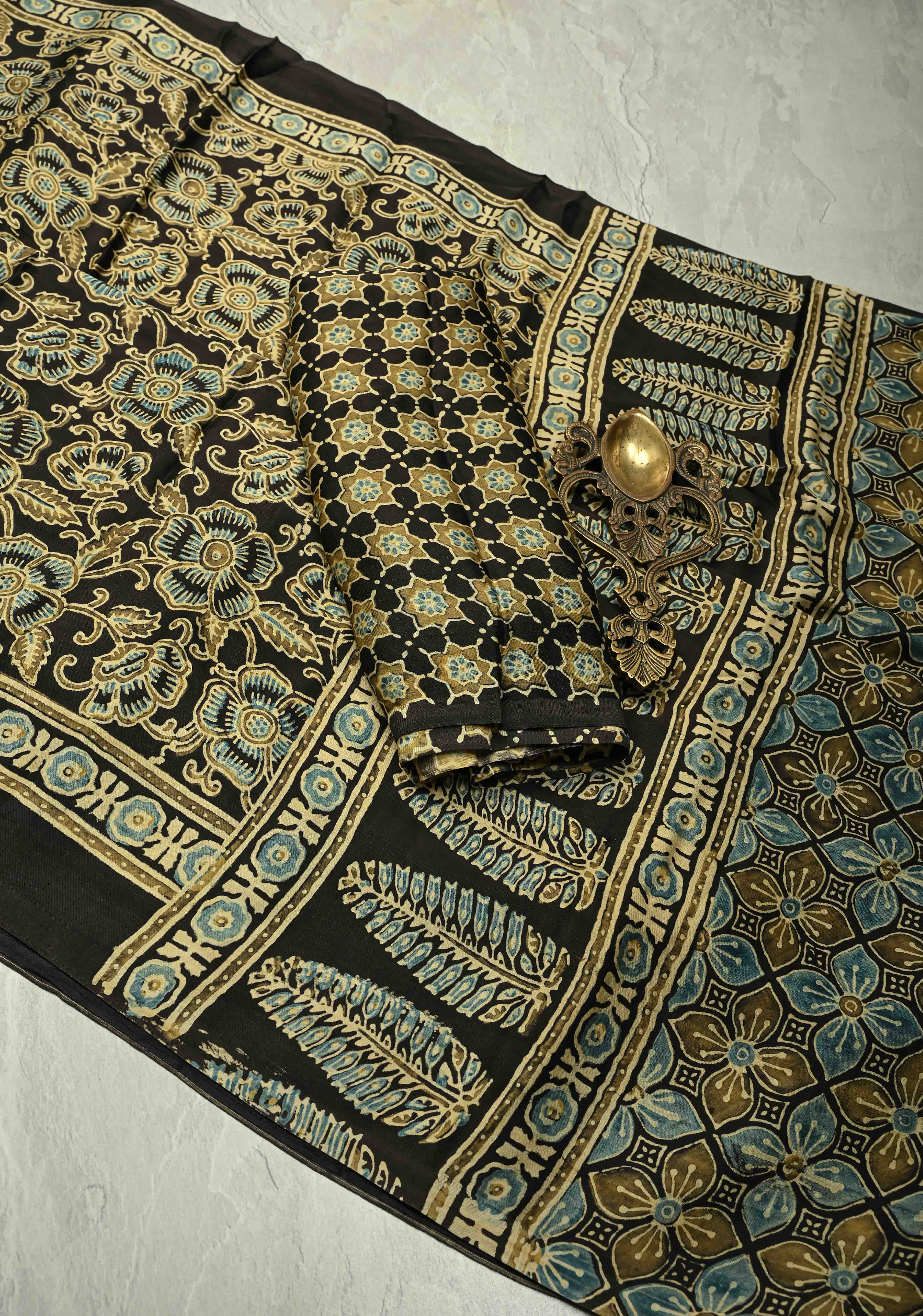 Black Modal Silk Saree with Ajrakh Hand Block Print and Crushed Pallu | Shobitam