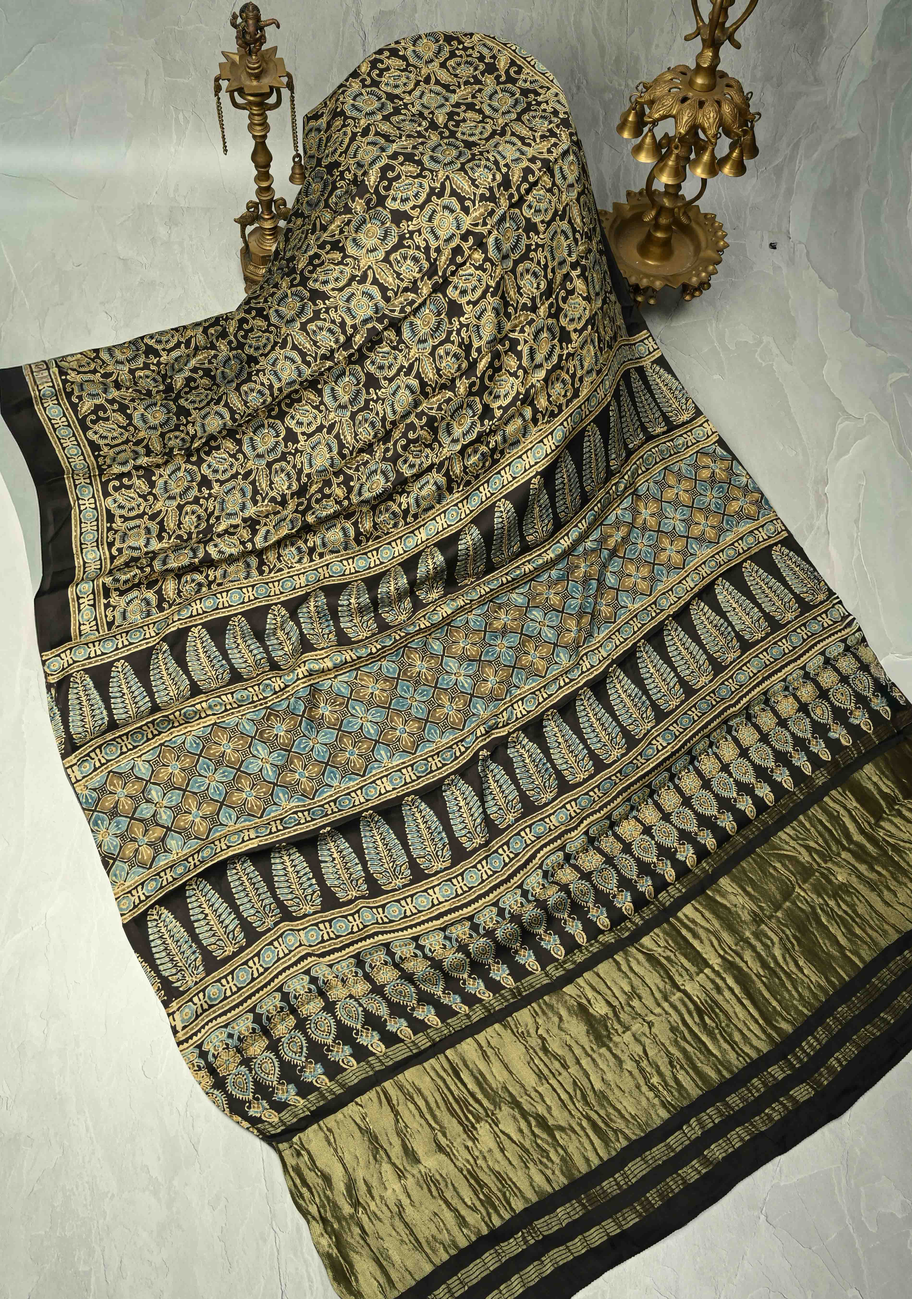 Black Modal Silk Saree with Ajrakh Hand Block Print and Crushed Pallu | Shobitam