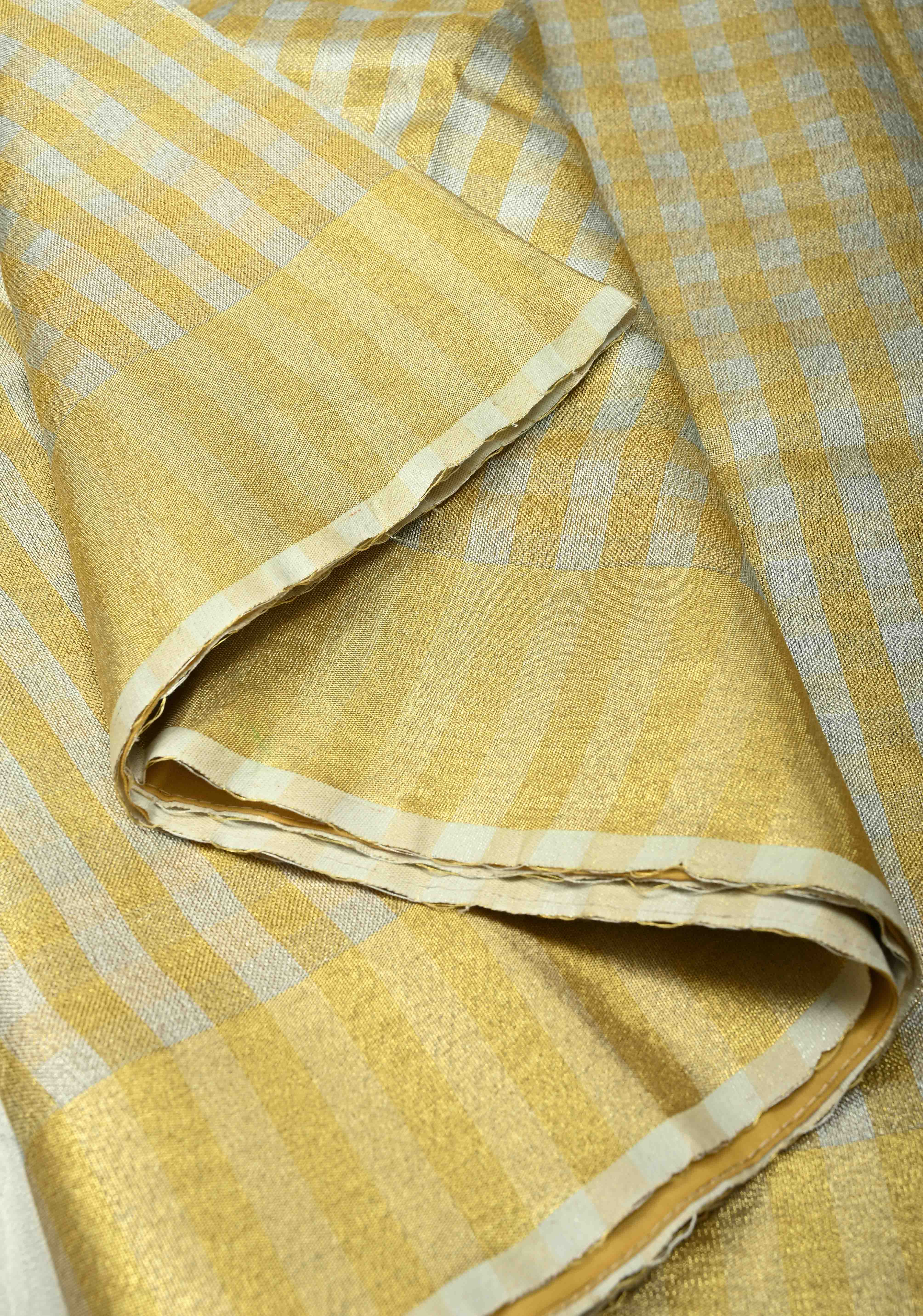 Gold-Silver Alternating Linen and Tissue Saree with Checks Design and Zari Border | Shobitam