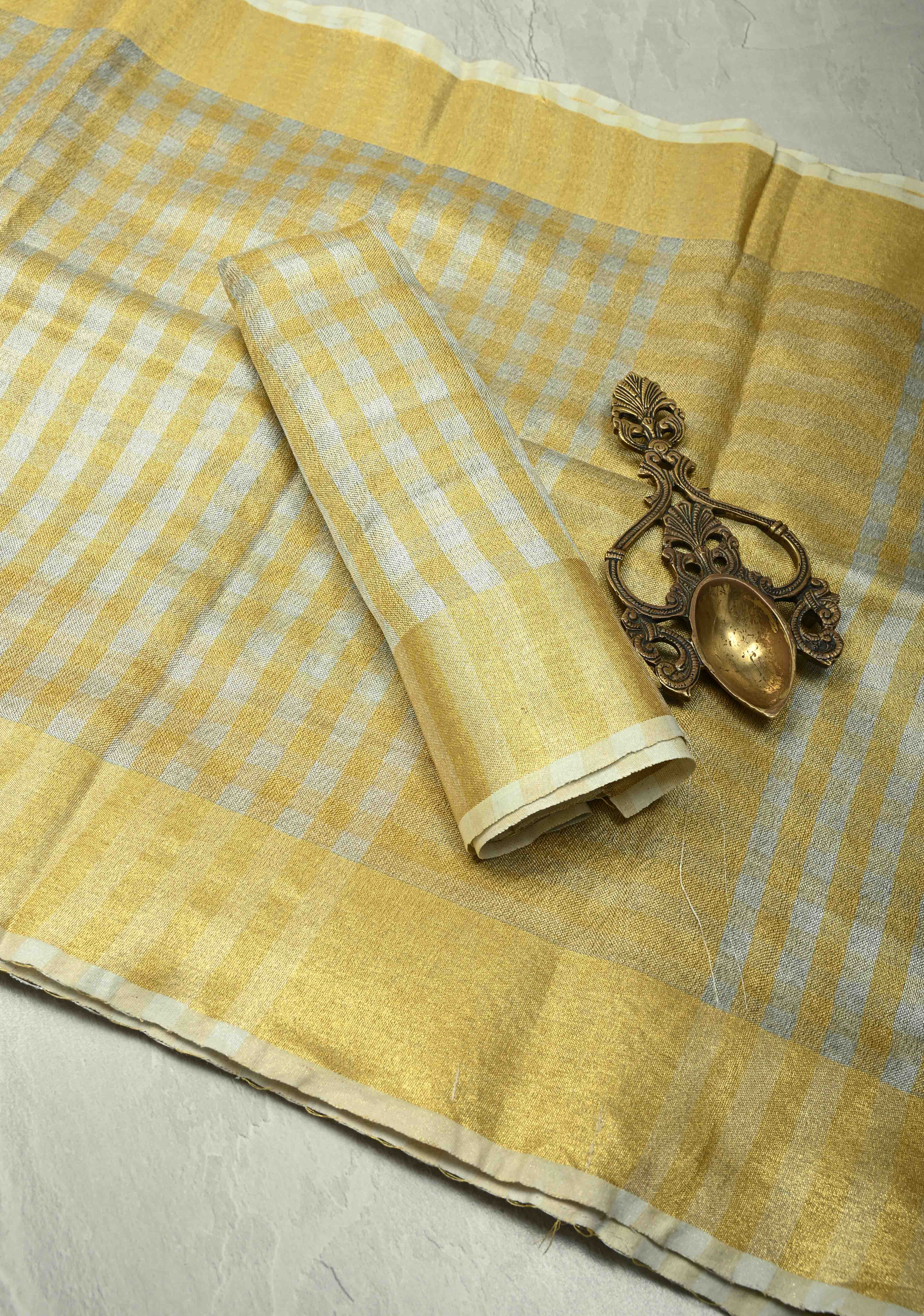 Gold-Silver Alternating Linen and Tissue Saree with Checks Design and Zari Border | Shobitam