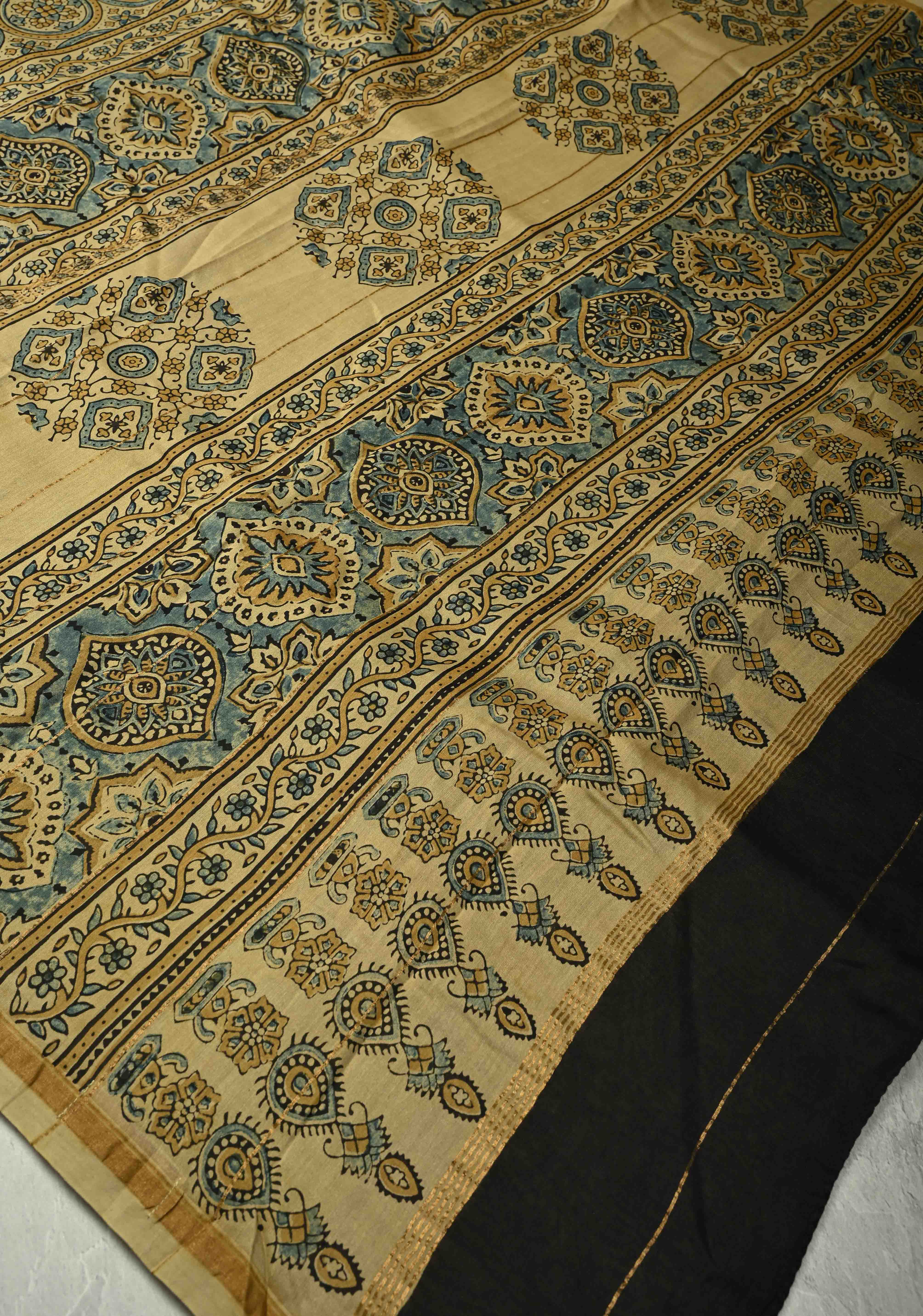 Khaki Chanderi Silk Cotton Saree with Ajrakh Hand Block Print and Minimal Zari Borders | Shobitam