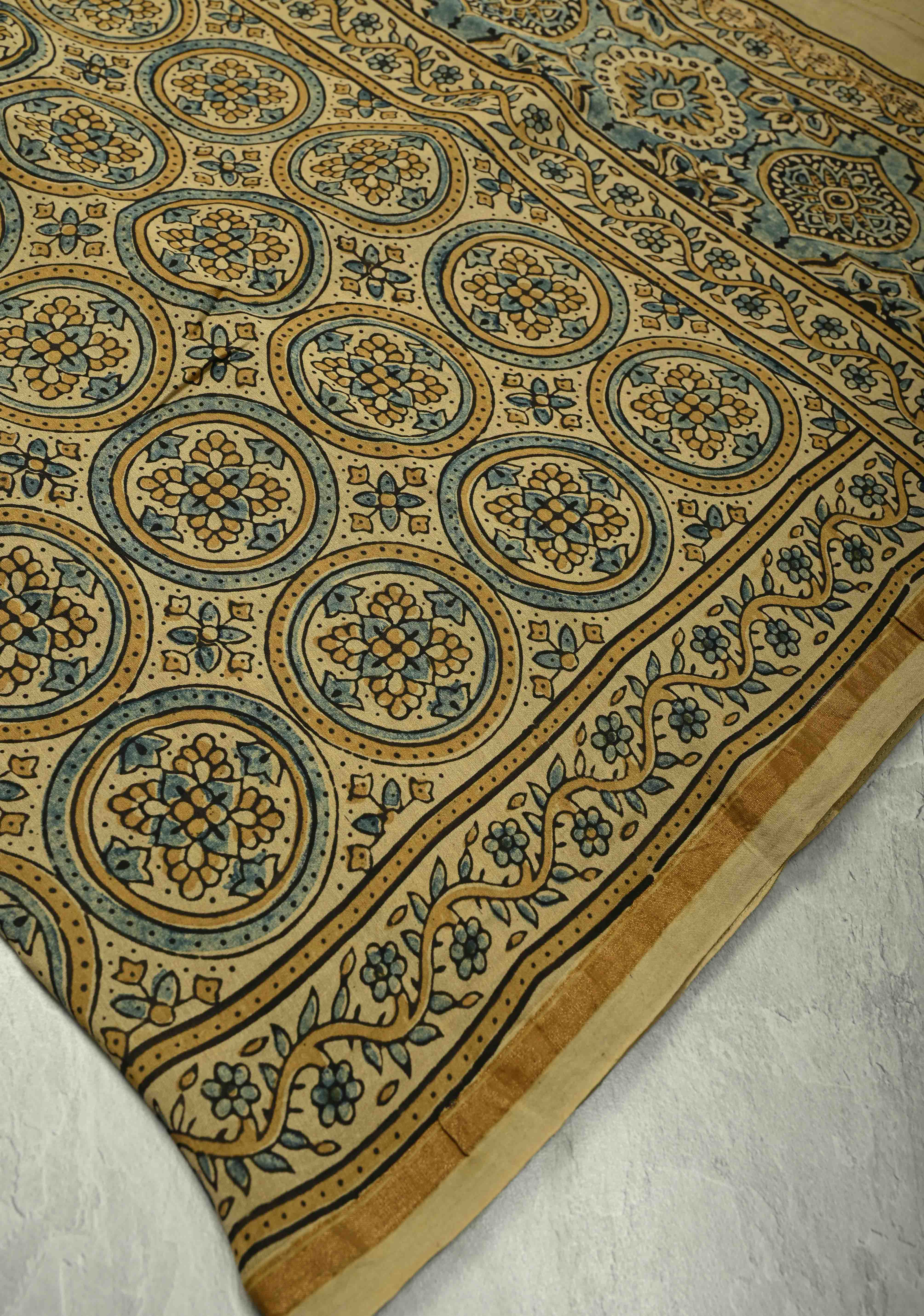 Khaki Chanderi Silk Cotton Saree with Ajrakh Hand Block Print and Minimal Zari Borders | Shobitam