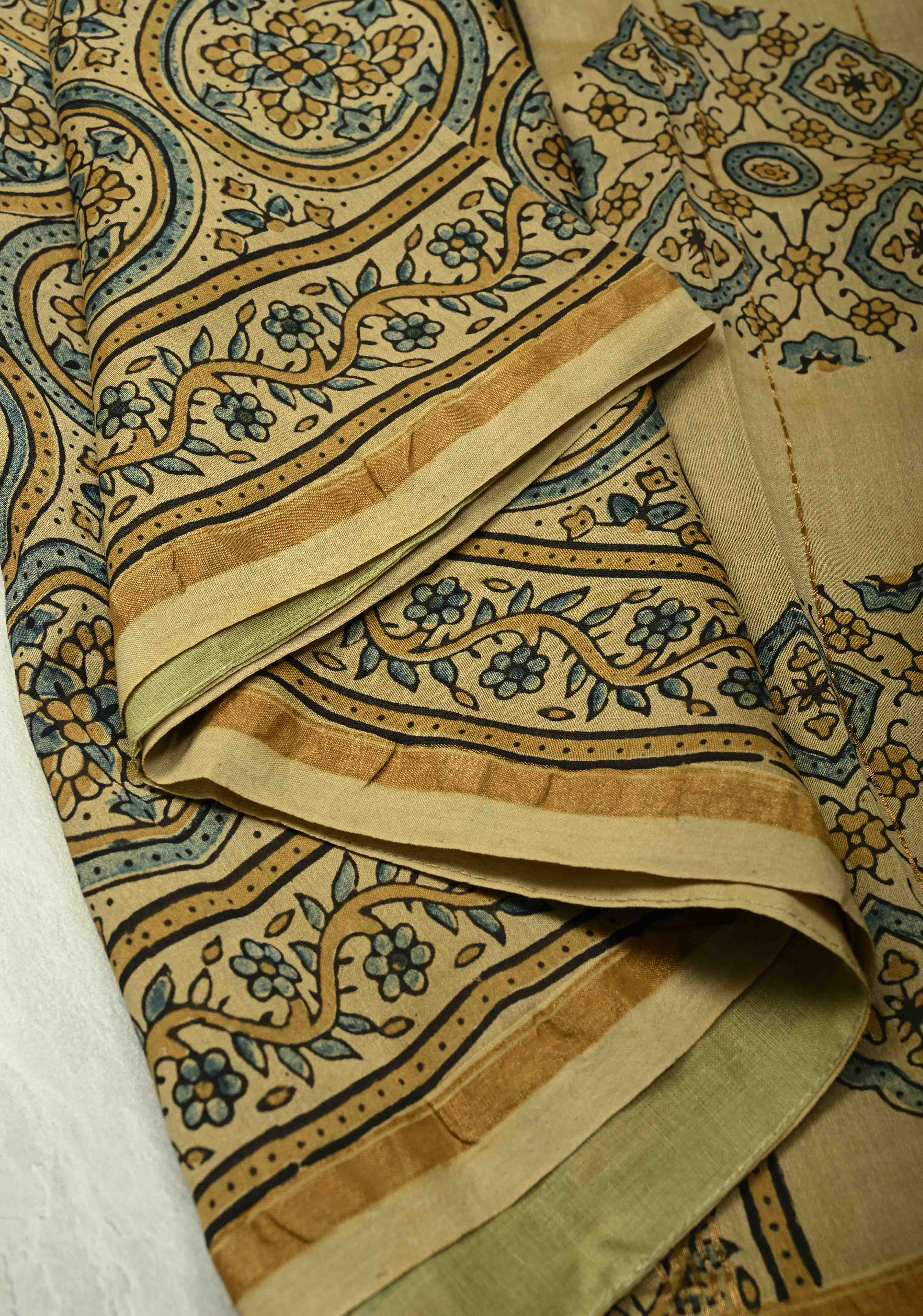 Khaki Chanderi Silk Cotton Saree with Ajrakh Hand Block Print and Minimal Zari Borders | Shobitam