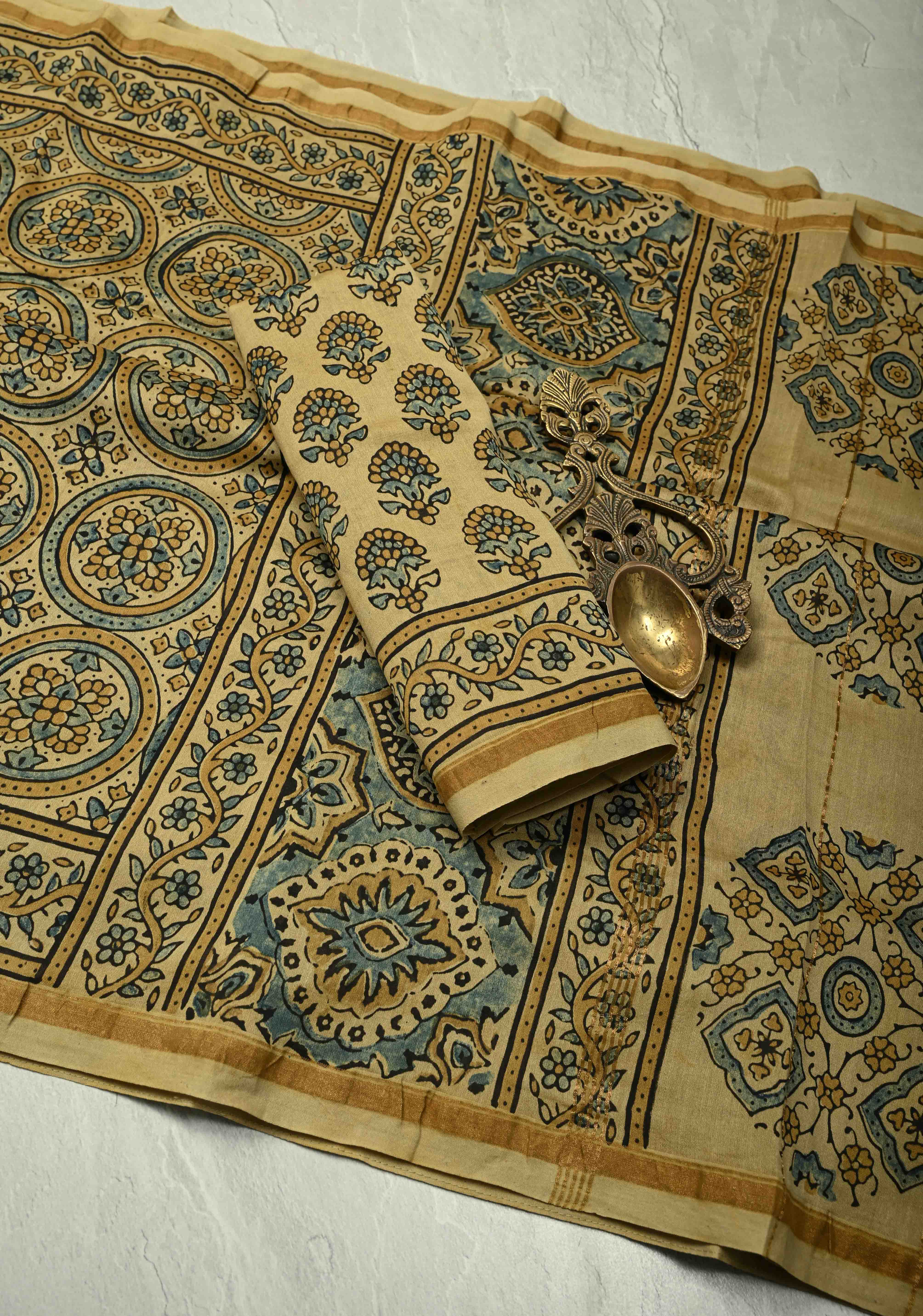 Khaki Chanderi Silk Cotton Saree with Ajrakh Hand Block Print and Minimal Zari Borders | Shobitam