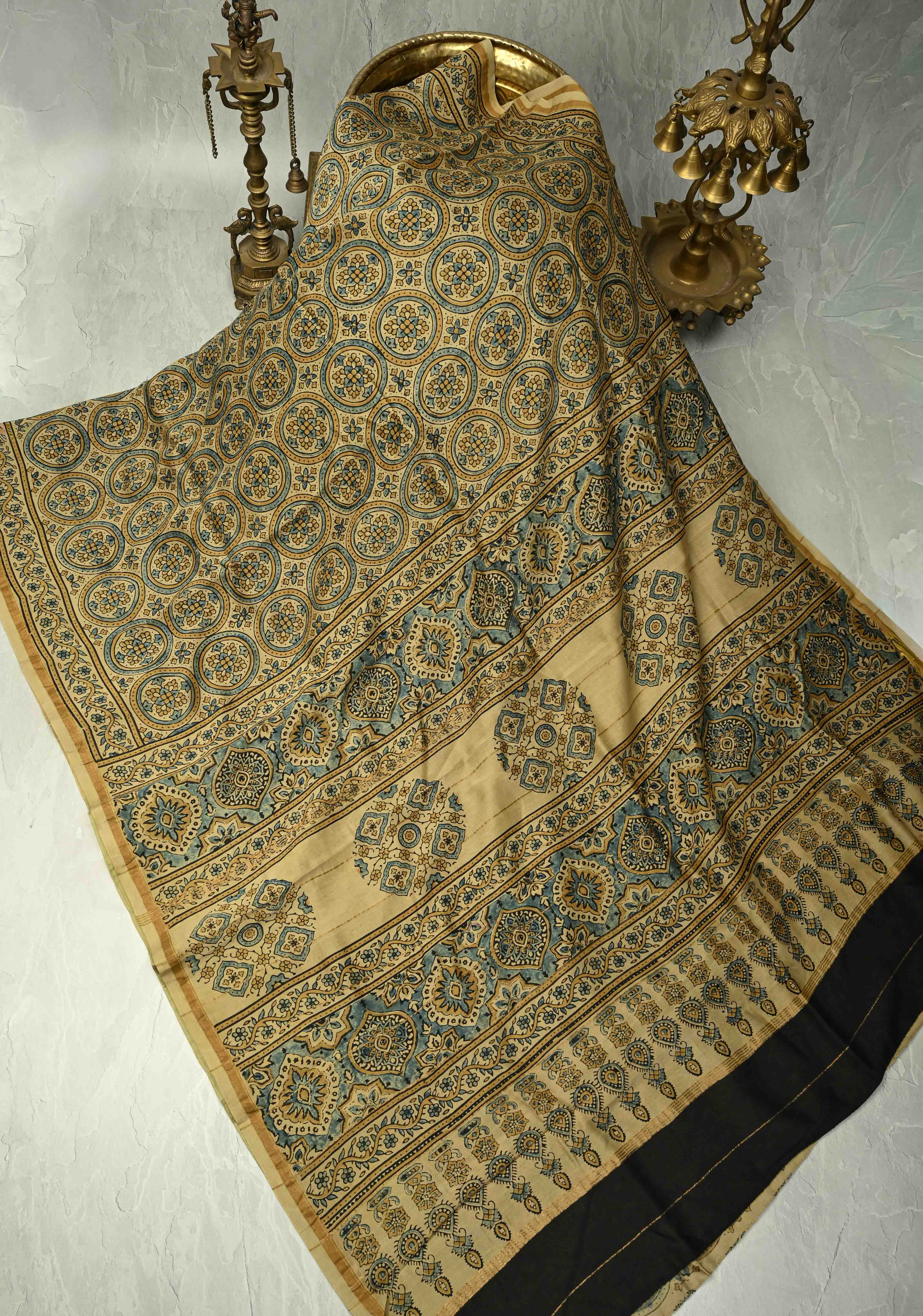 Khaki Chanderi Silk Cotton Saree with Ajrakh Hand Block Print and Minimal Zari Borders | Shobitam