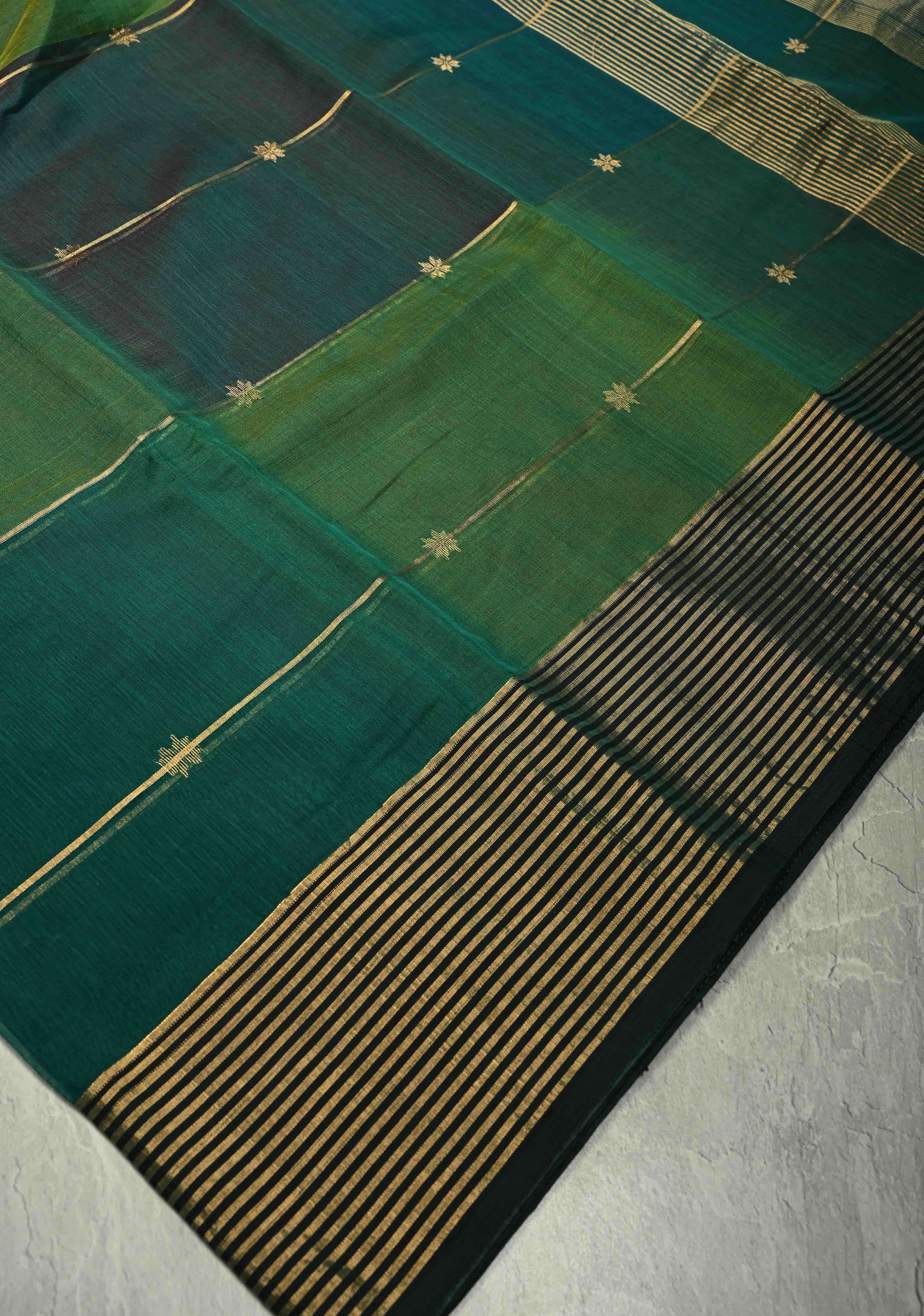 Green-Blue Ombre Handwoven Maheshwari Silk Cotton Saree with Zari Stripes and Zari Border | Shobitam