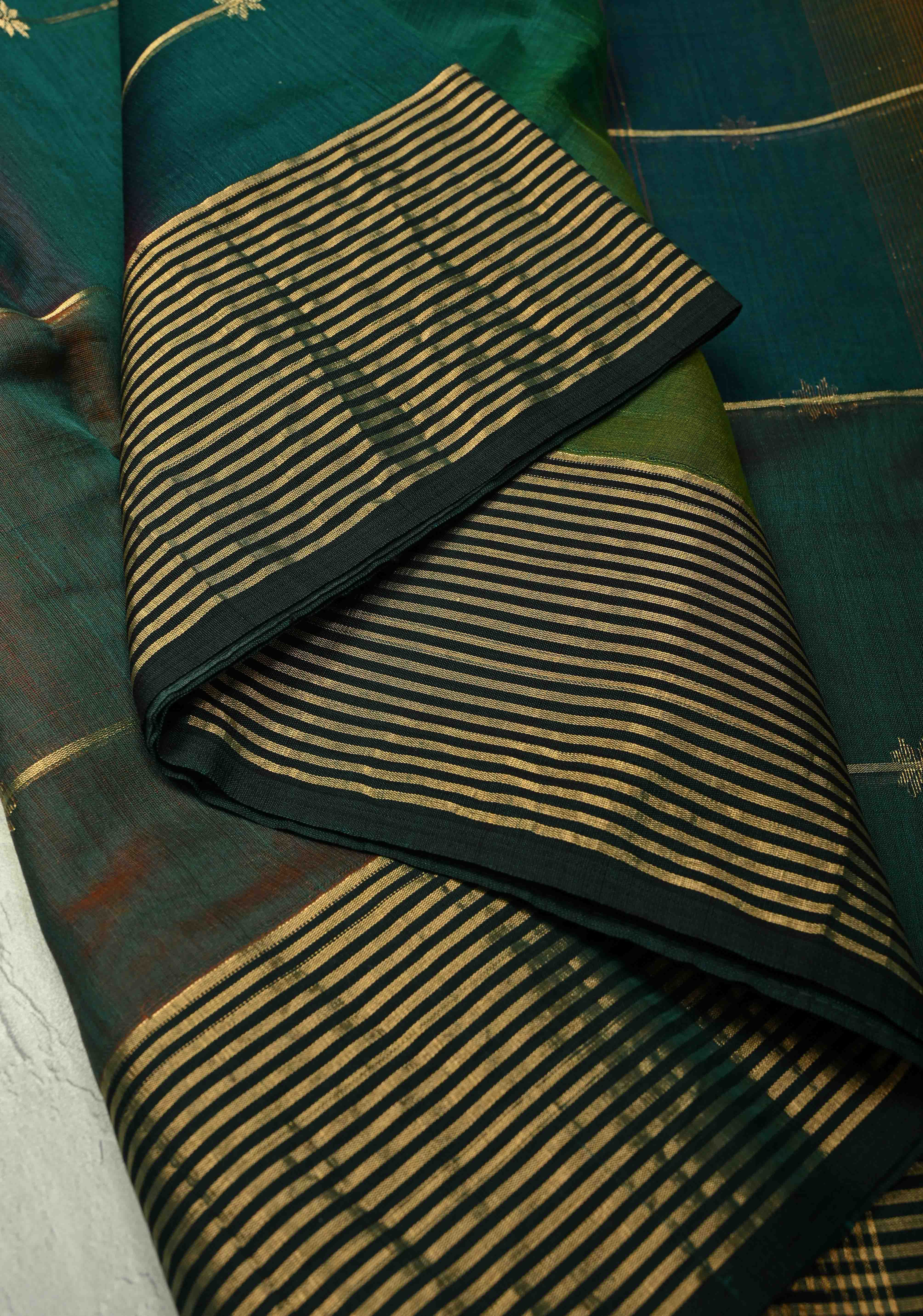 Green-Blue Ombre Handwoven Maheshwari Silk Cotton Saree with Zari Stripes and Zari Border | Shobitam
