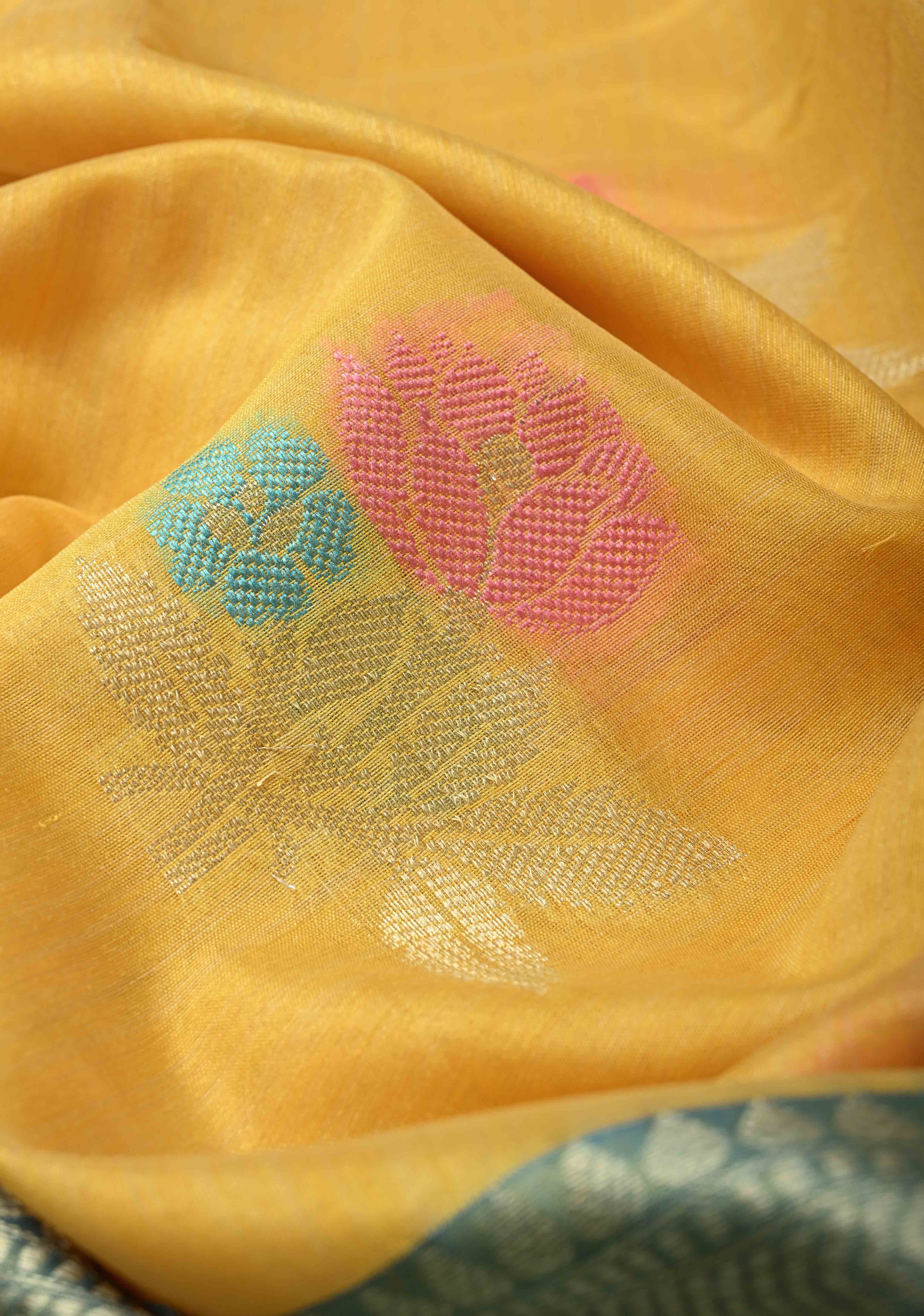 Mango Yellow Banarasi Semi Kora Saree with Meenakari Floral Buttas and Contrast Wide Zari Border | Shobitam
