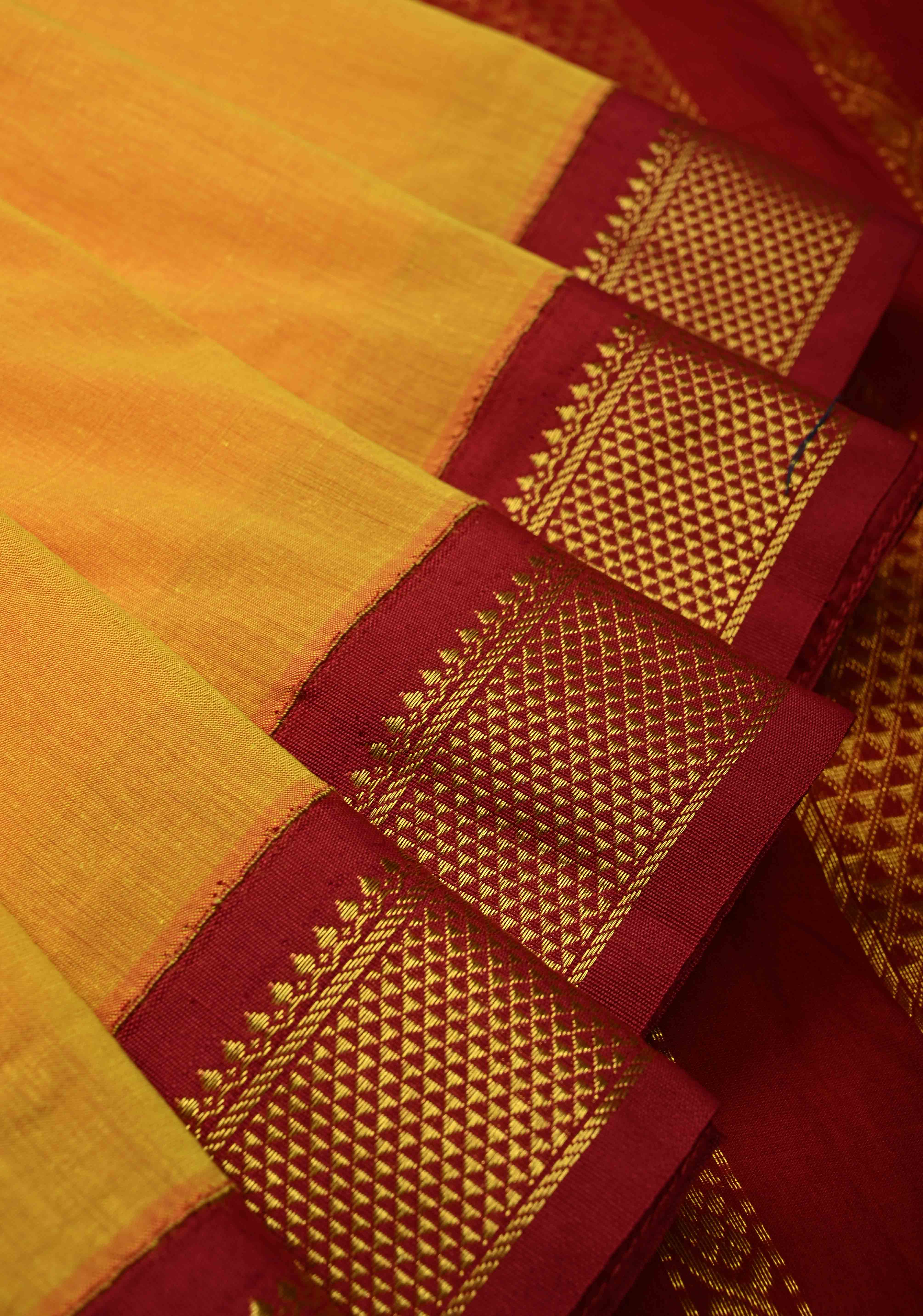 Haldi Yellow Korvai Silk Cotton Handloom Saree with Contrast Zari Border | Shobitam