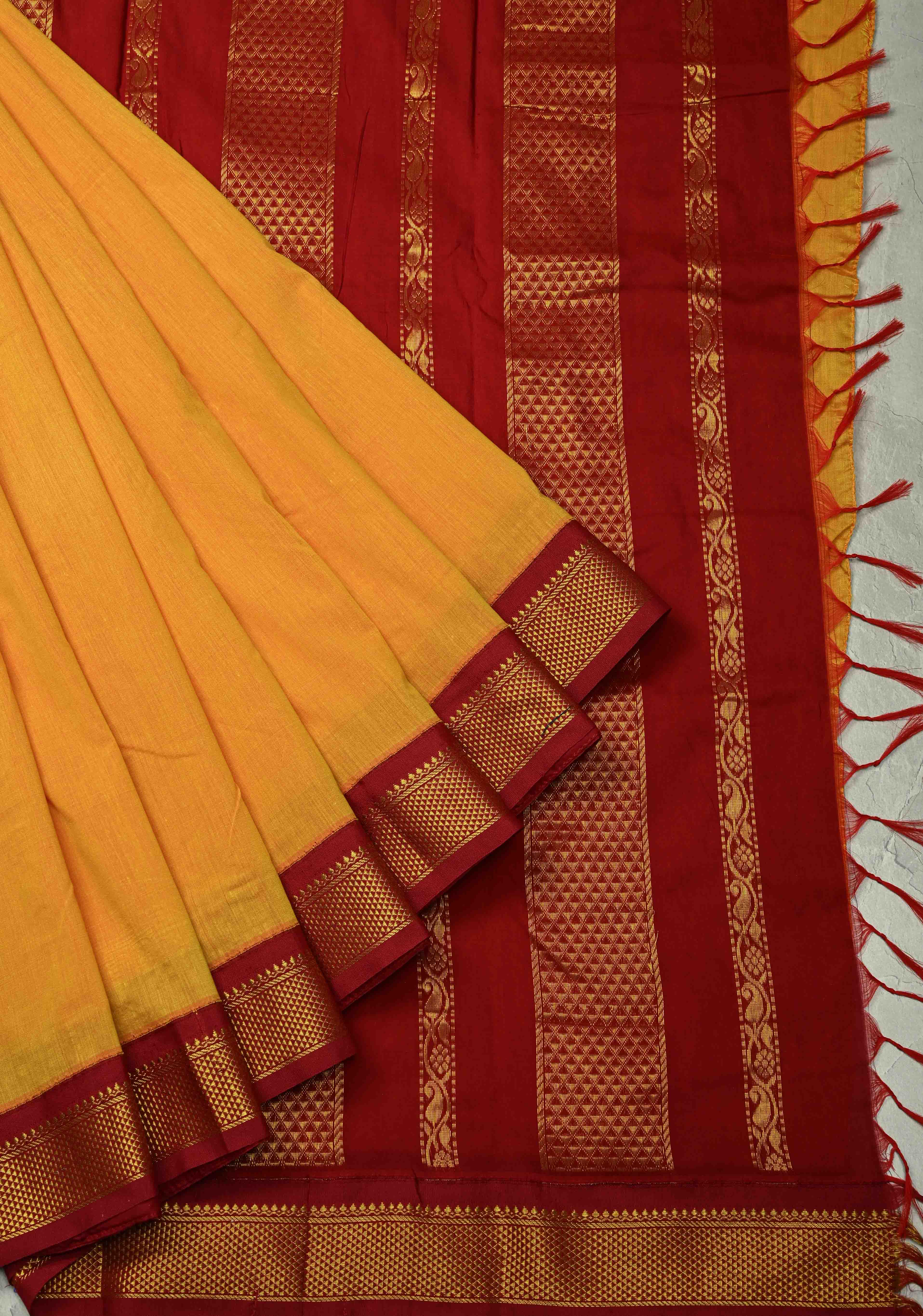Haldi Yellow Korvai Silk Cotton Handloom Saree with Contrast Zari Border | Shobitam