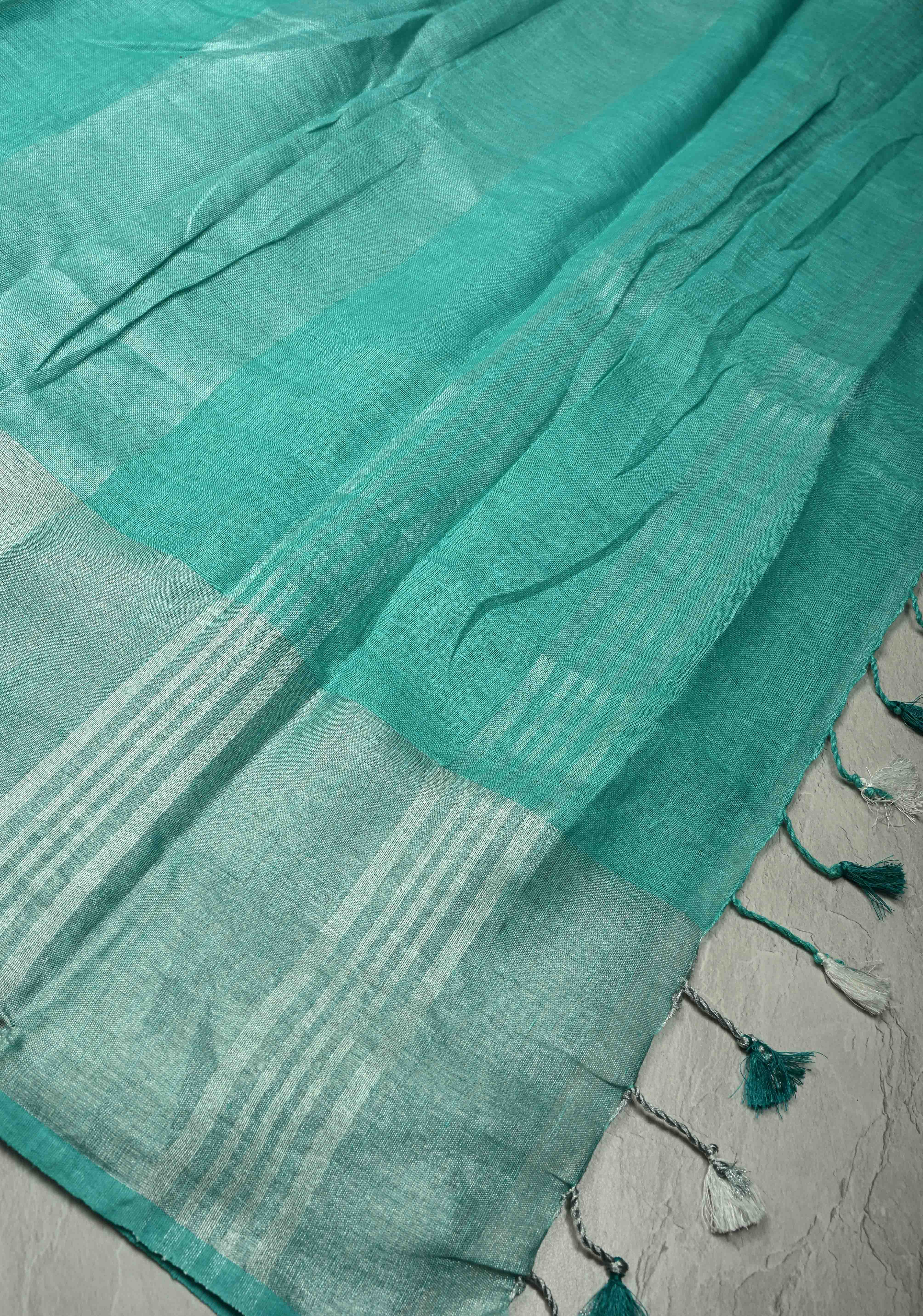 Turquoise Pure Linen by Linen Saree with Wide Zari Border | Shobitam