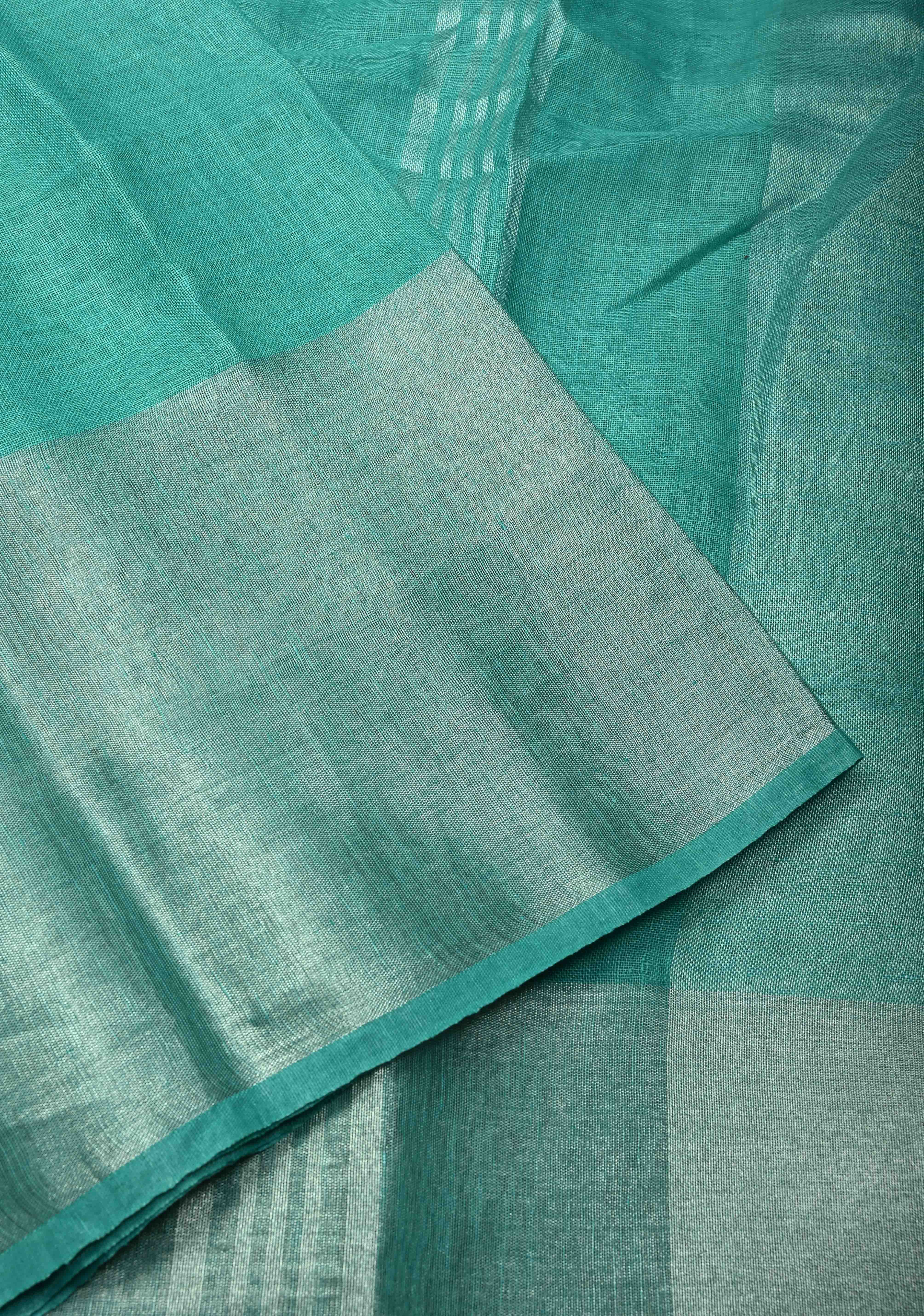 Turquoise Pure Linen by Linen Saree with Wide Zari Border | Shobitam
