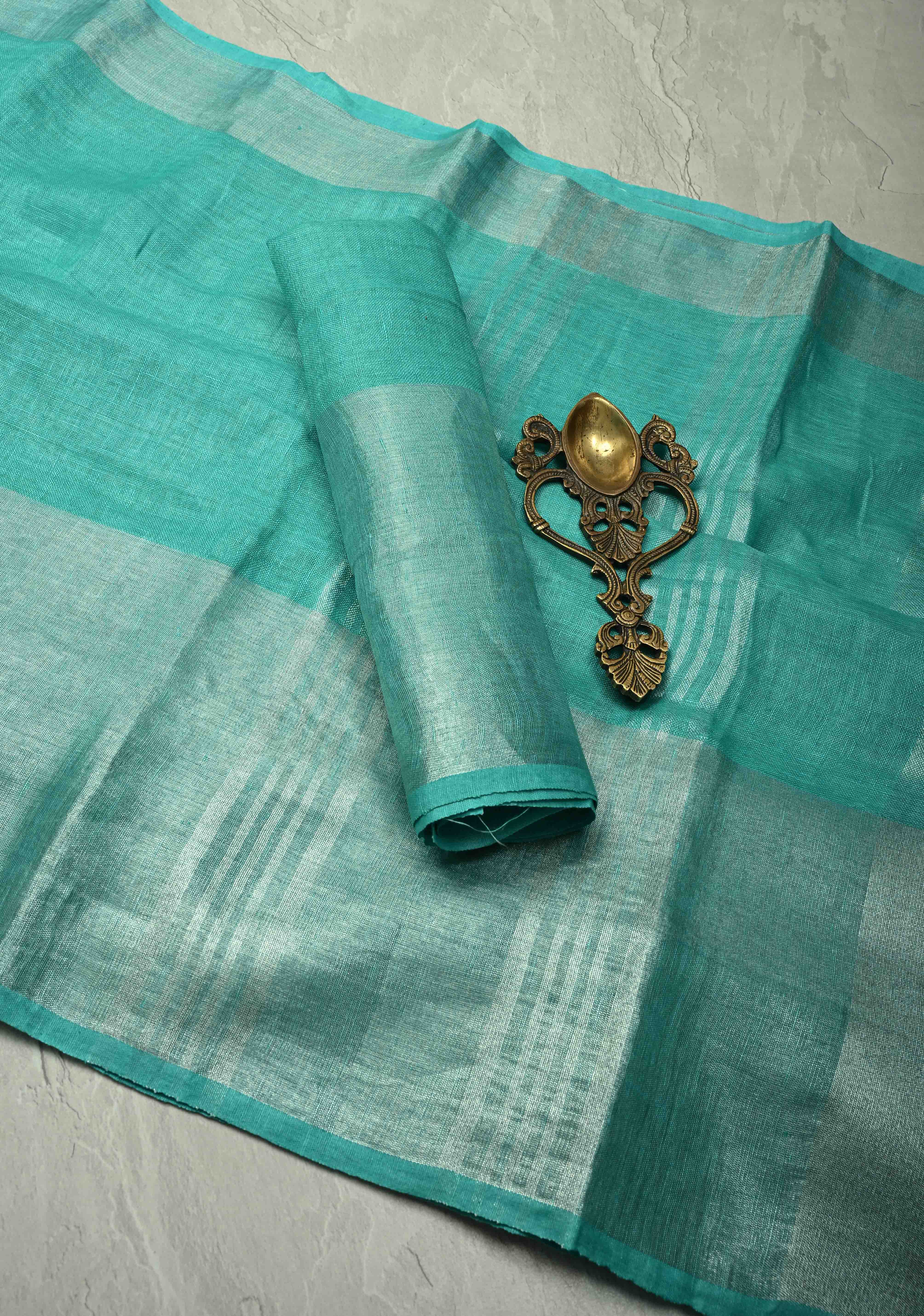 Turquoise Pure Linen by Linen Saree with Wide Zari Border | Shobitam