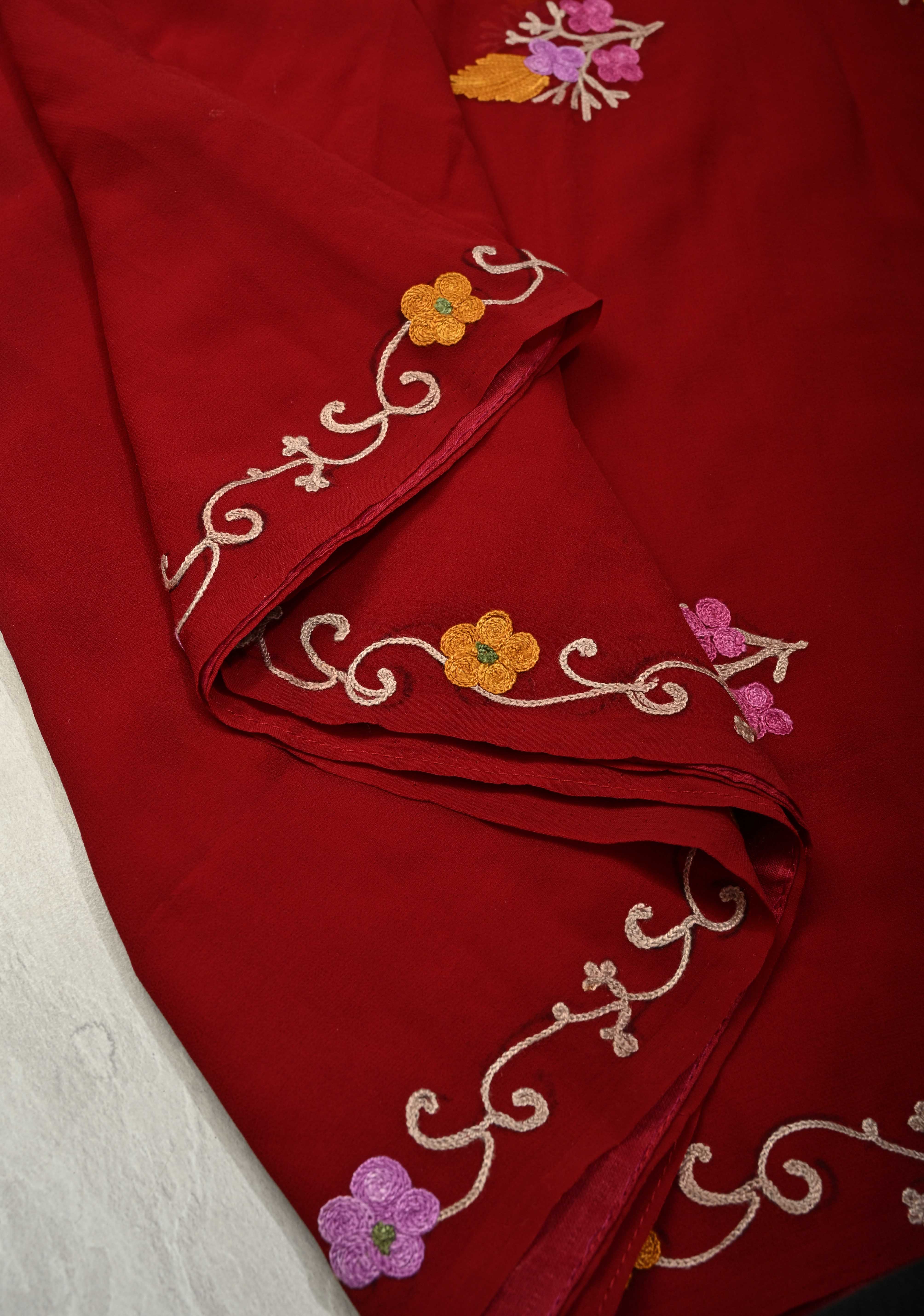 Burgandy Kashmiri Aari Georgette Saree with Floral Embroidery | Shobitam