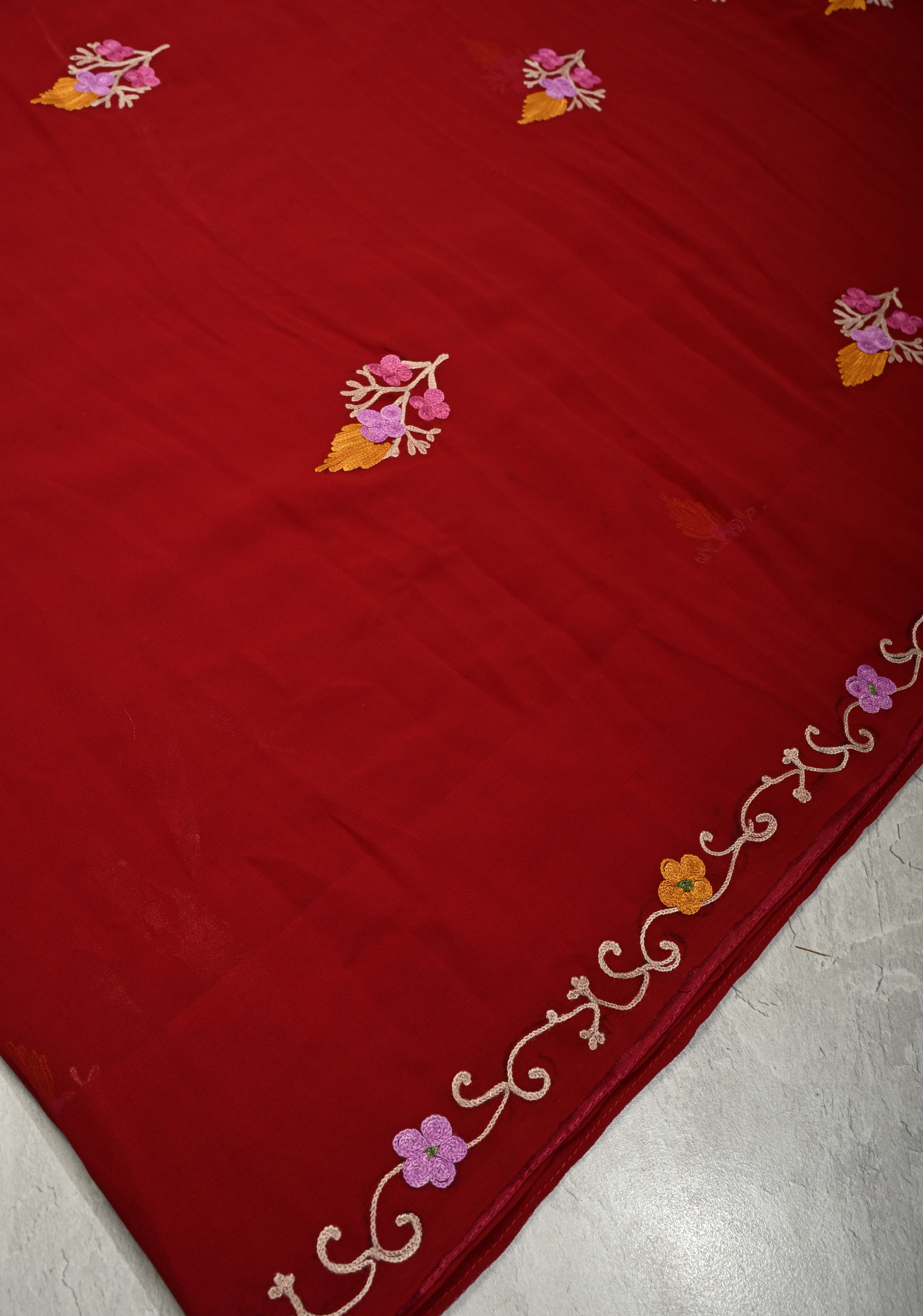 Burgandy Kashmiri Aari Georgette Saree with Floral Embroidery | Shobitam