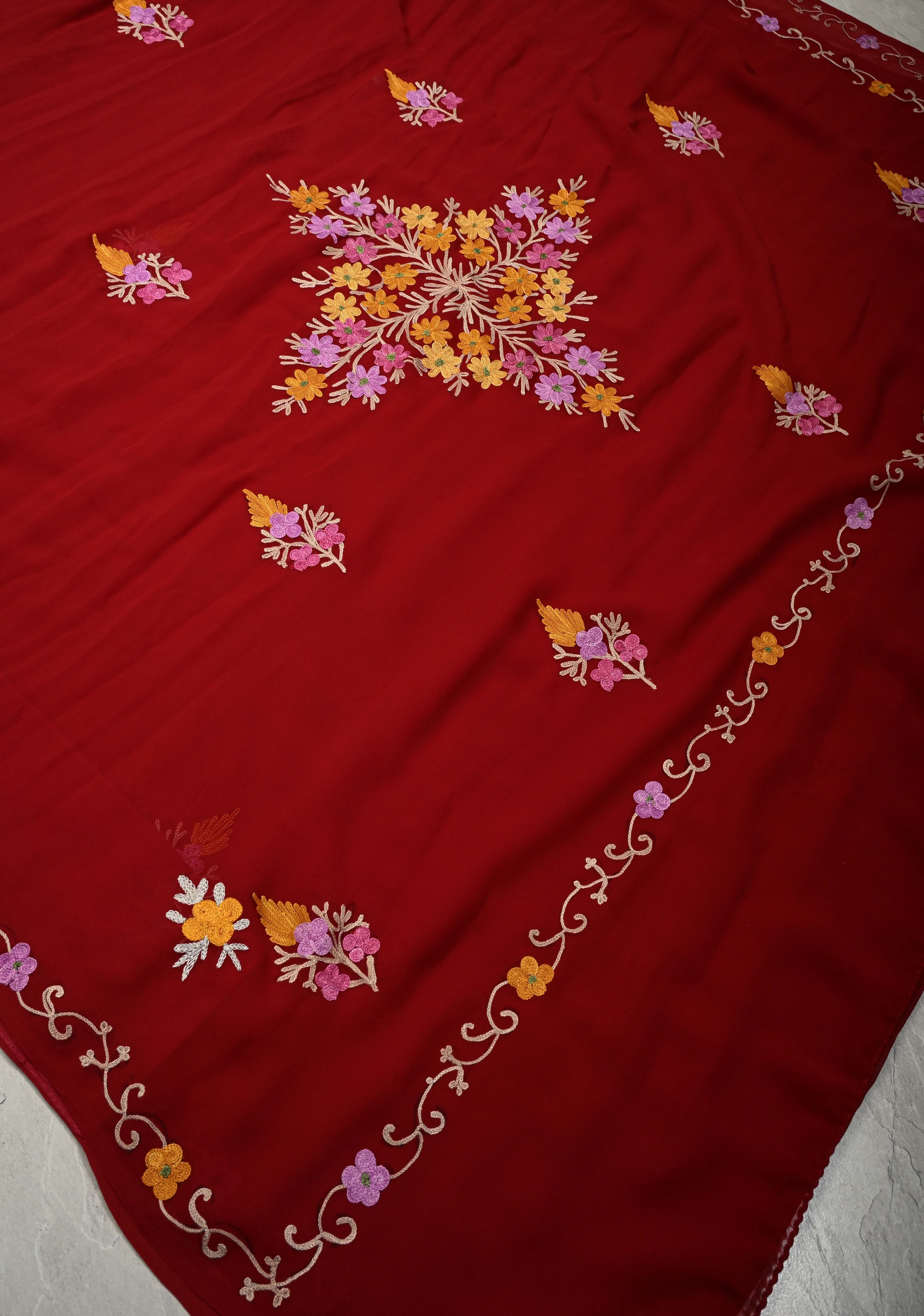 Burgandy Kashmiri Aari Georgette Saree with Floral Embroidery | Shobitam