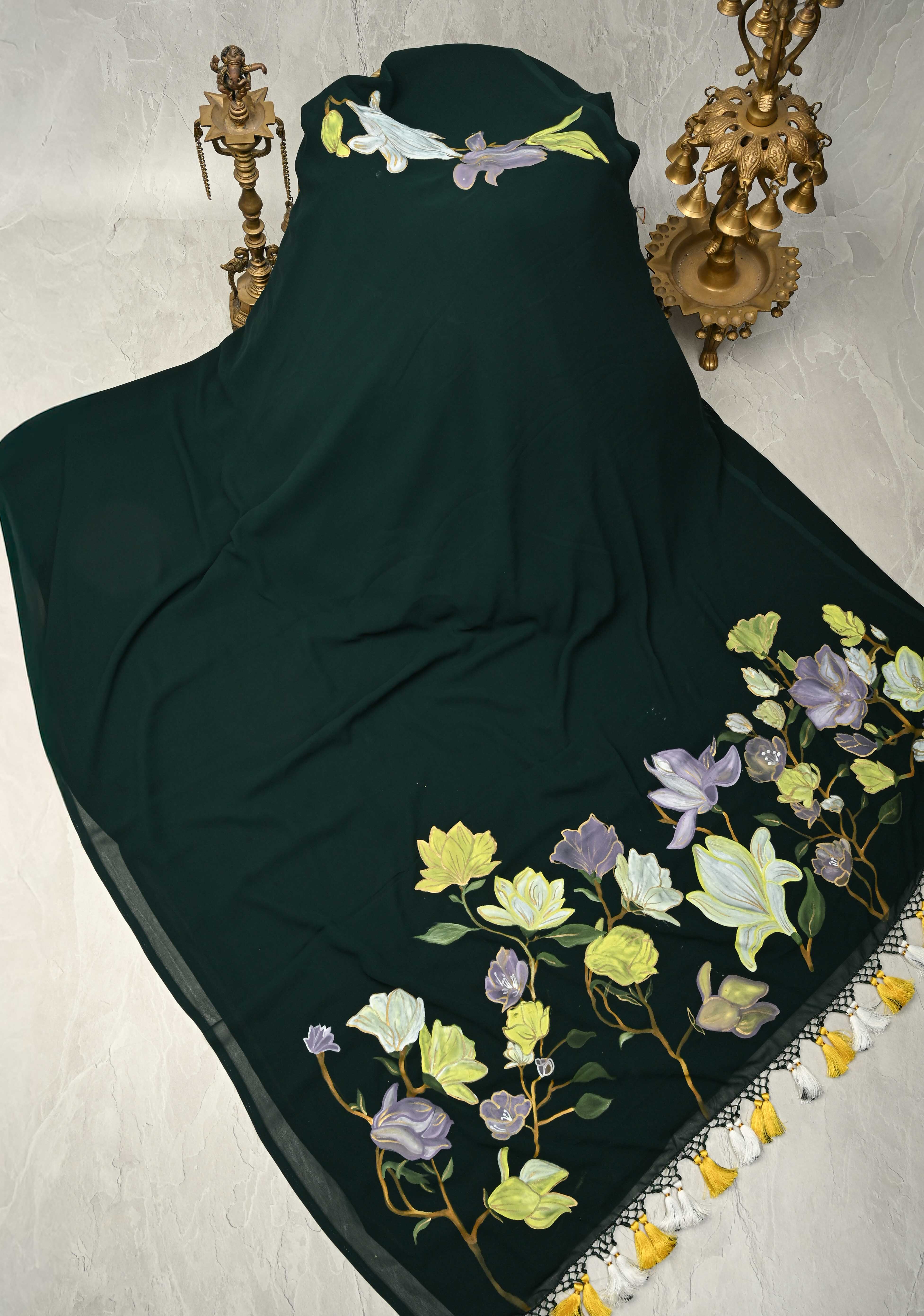 Bottle Green Georgette Saree with Floral Blooming Hand Painted on Pallu, No Blouse Piece | Shobitam